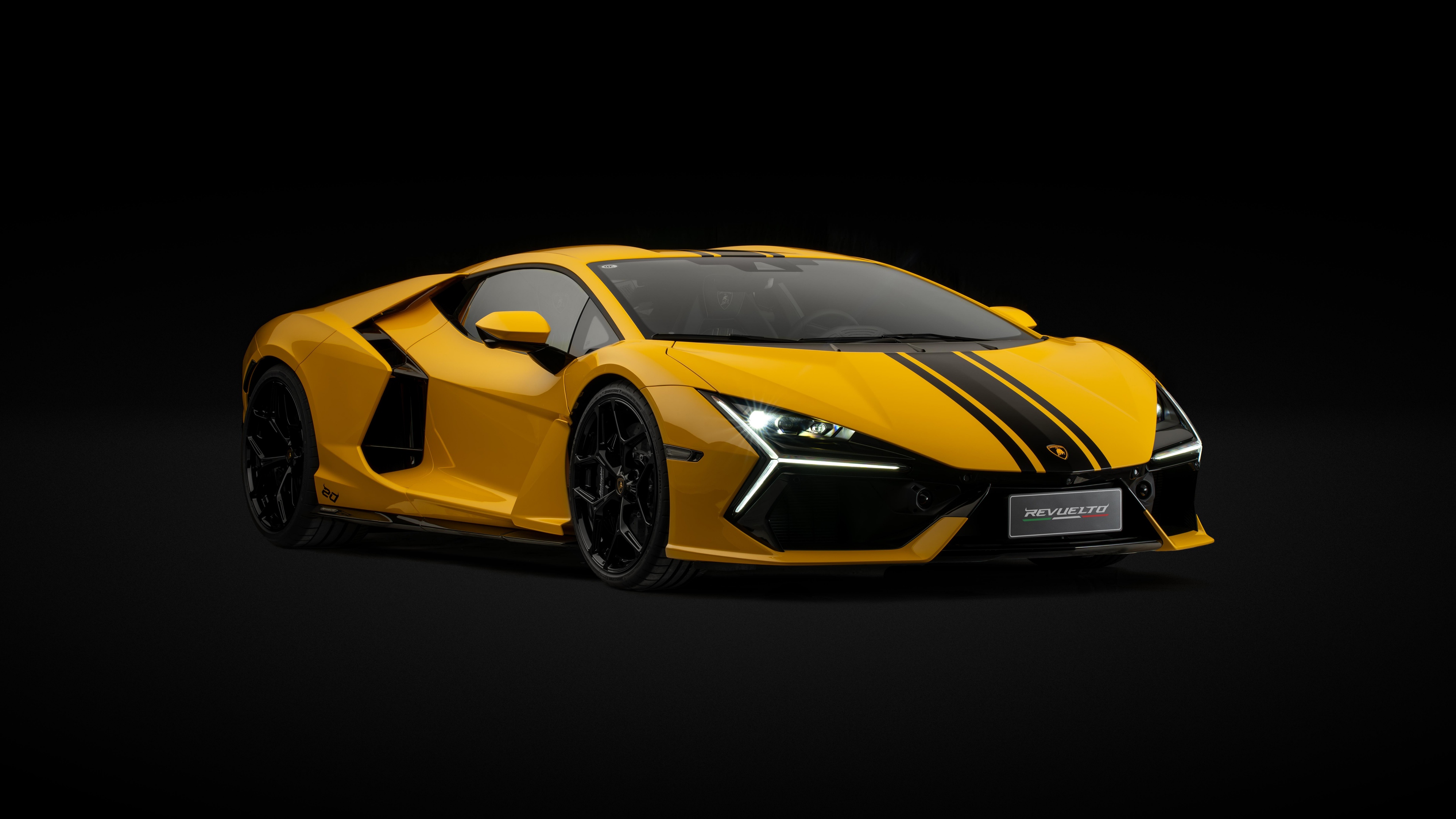 A cinematic, high-detail close-up of the Lamborghini Revuelto 20th Anniversary supercar set against a dark, moody background.