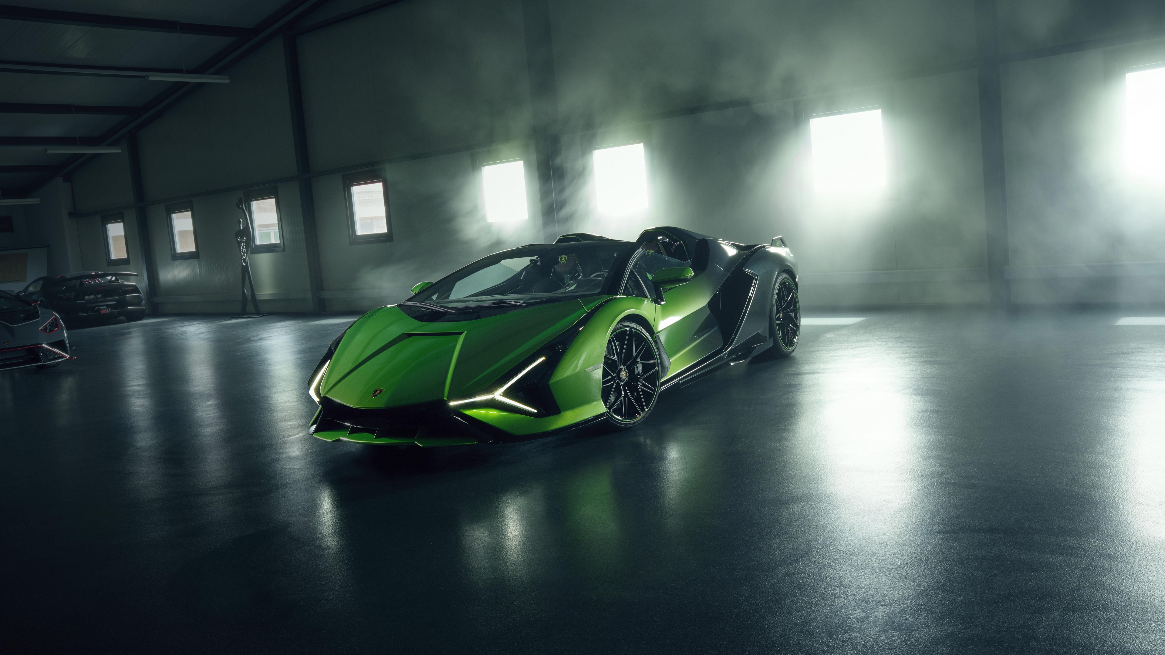 A highly detailed, cinematic view of a Lamborghini Sián Roadster hybrid supercar.
