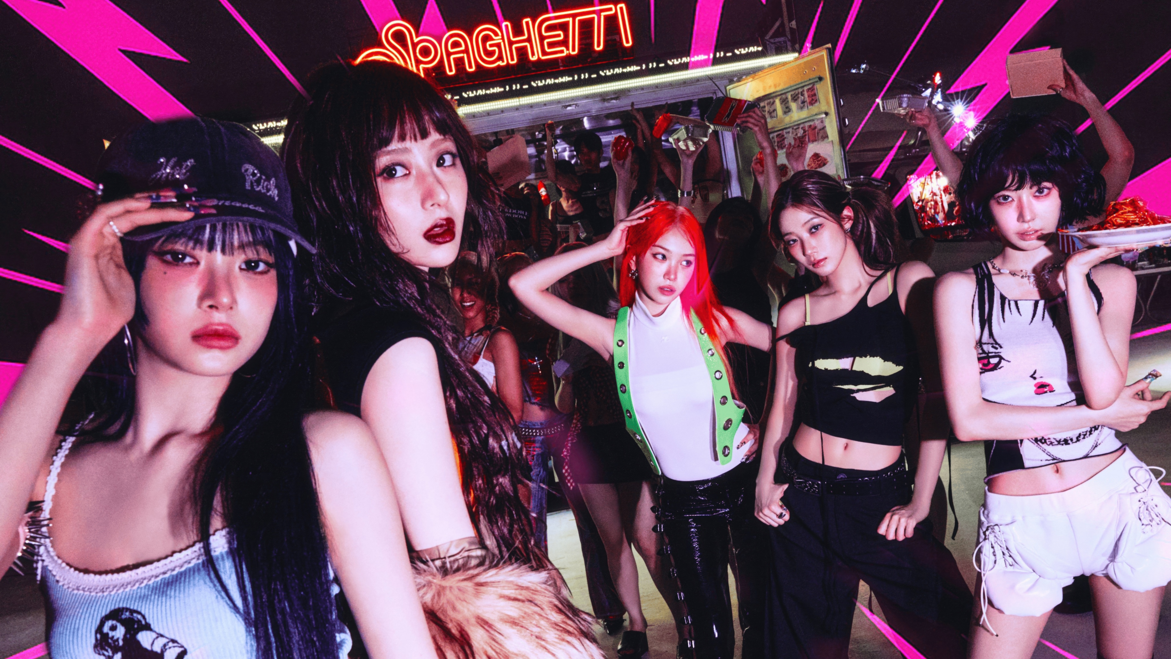 A professional group portrait of K-pop girl group LE SSERAFIM members Sakura Miyawaki, Kim Chaewon, Huh Yunjin, Hong Eunchae, and Kazuha.