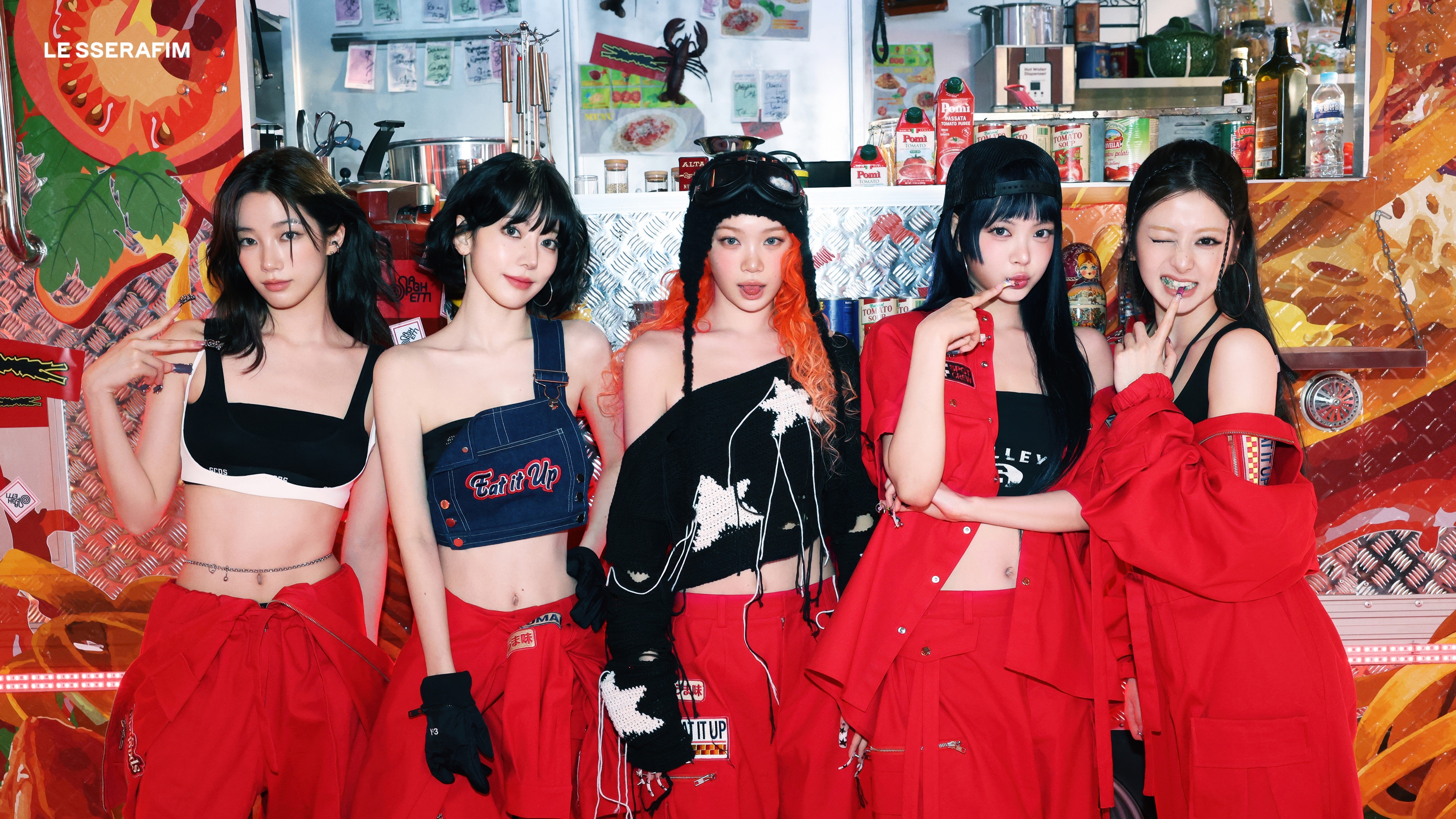 A high-resolution group portrait of K-pop idols Sakura Miyawaki, Kim Chaewon, Huh Yunjin, Hong Eunchae, and Kazuha from the group LE SSERAFIM.