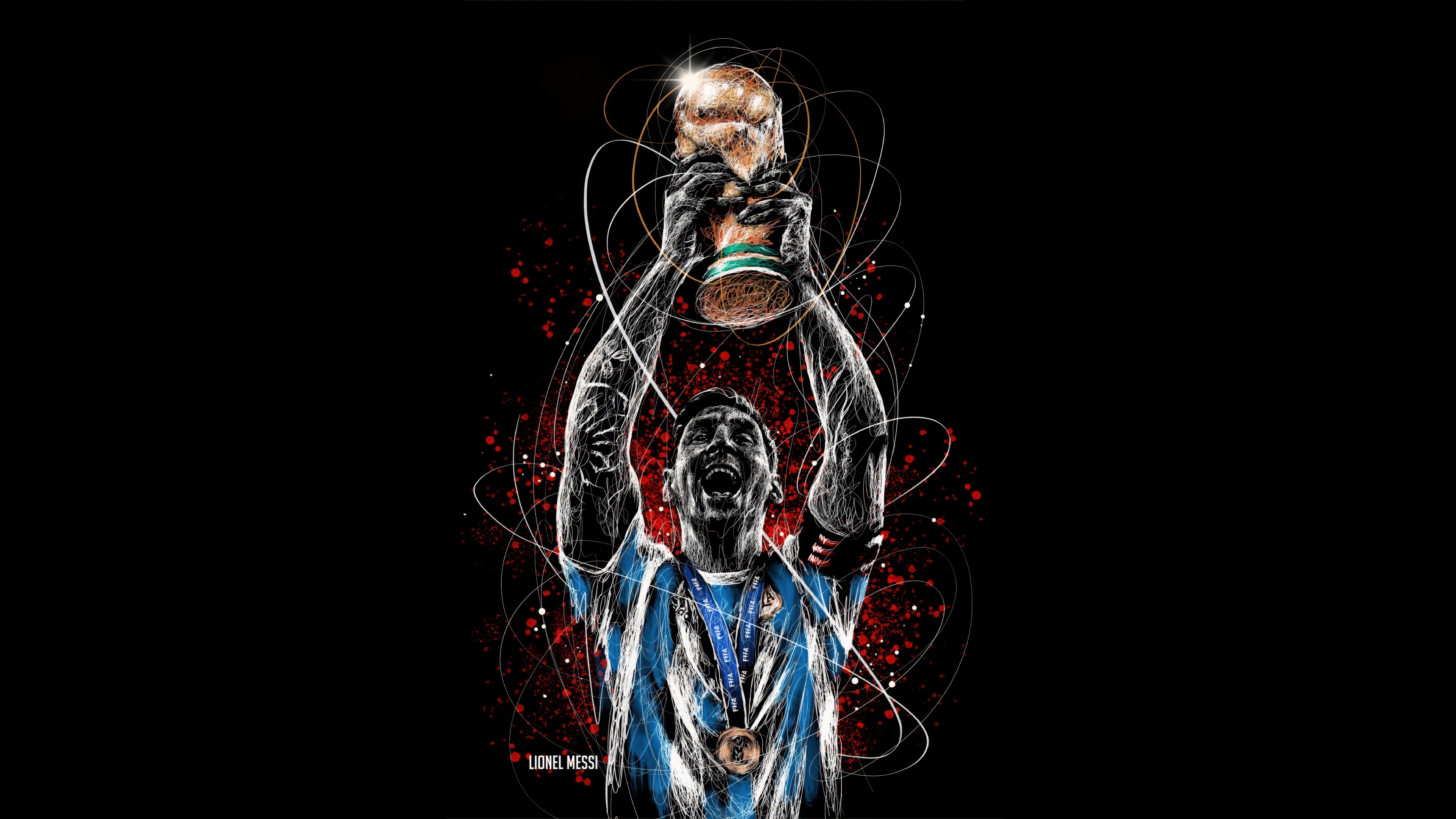 High-resolution artwork of football legend Lionel Messi celebrating the 2022 World Cup victory against a deep black background.