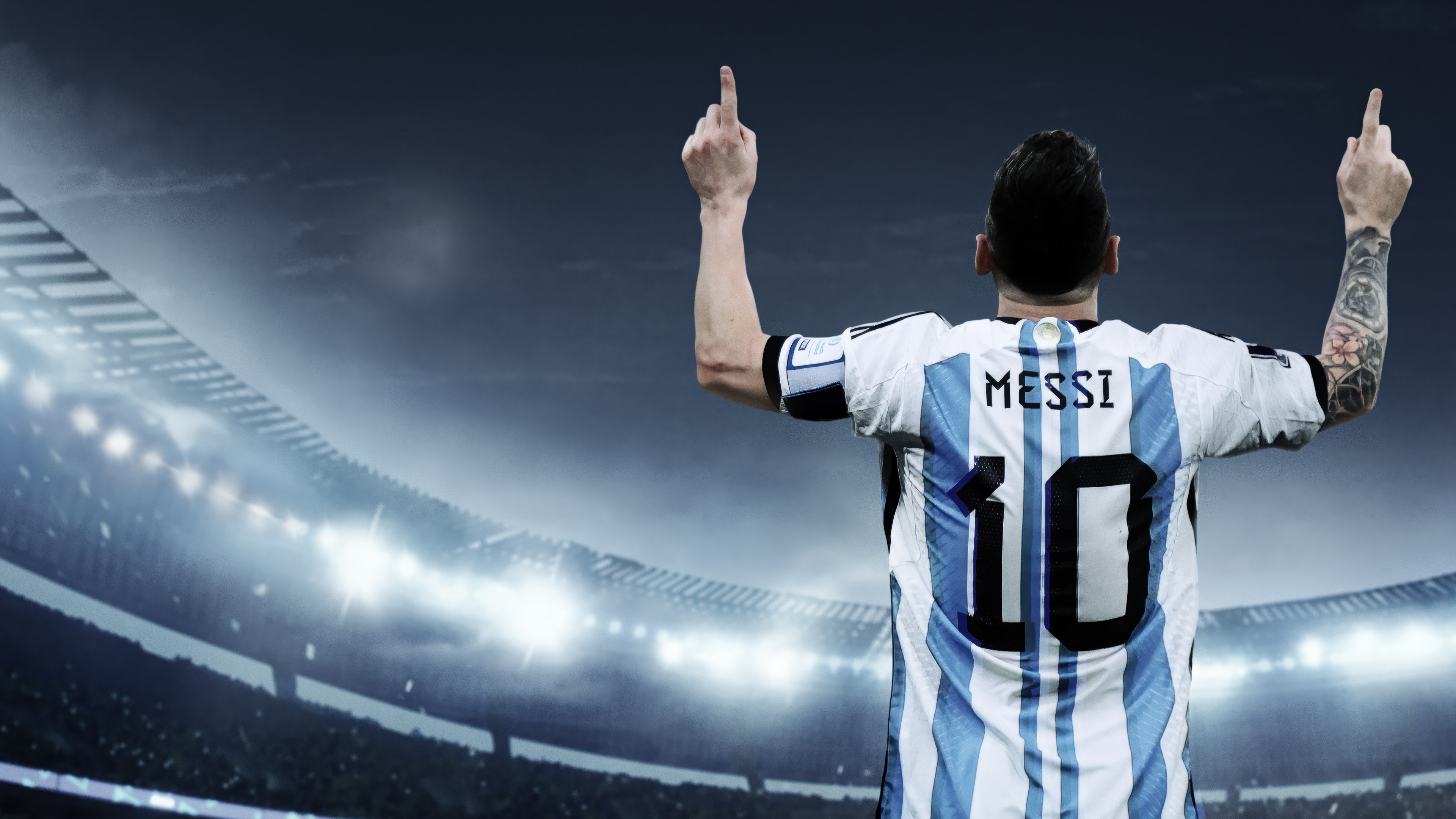 A cinematic, high-definition portrait of Argentine footballer Lionel Messi celebrating a World Cup victory.