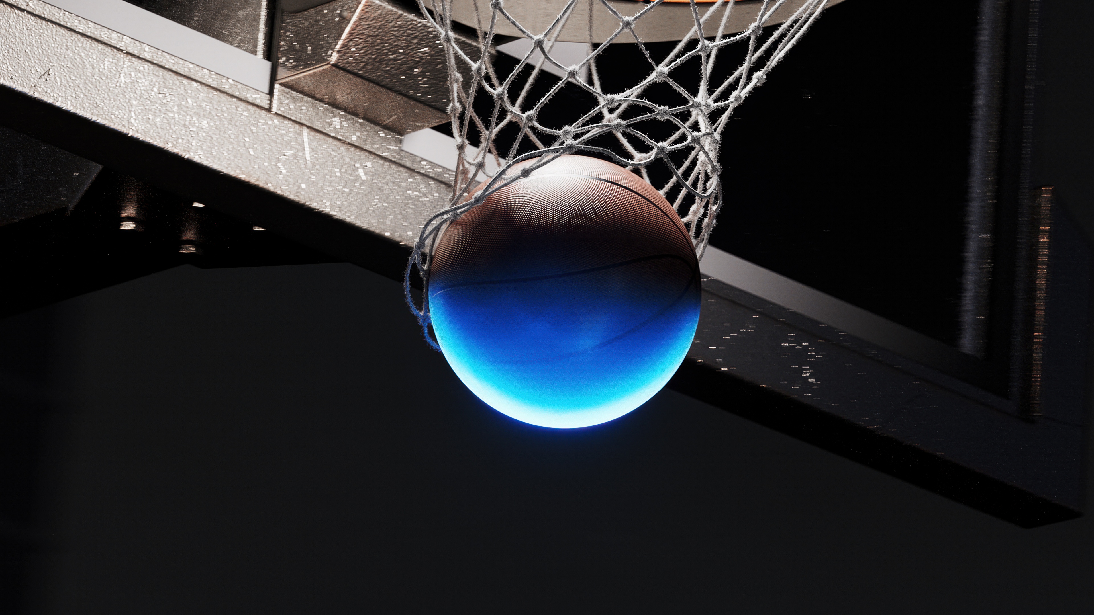 A glowing orange basketball floating near a dark, backlit basketball hoop and backboard in a minimalist style.