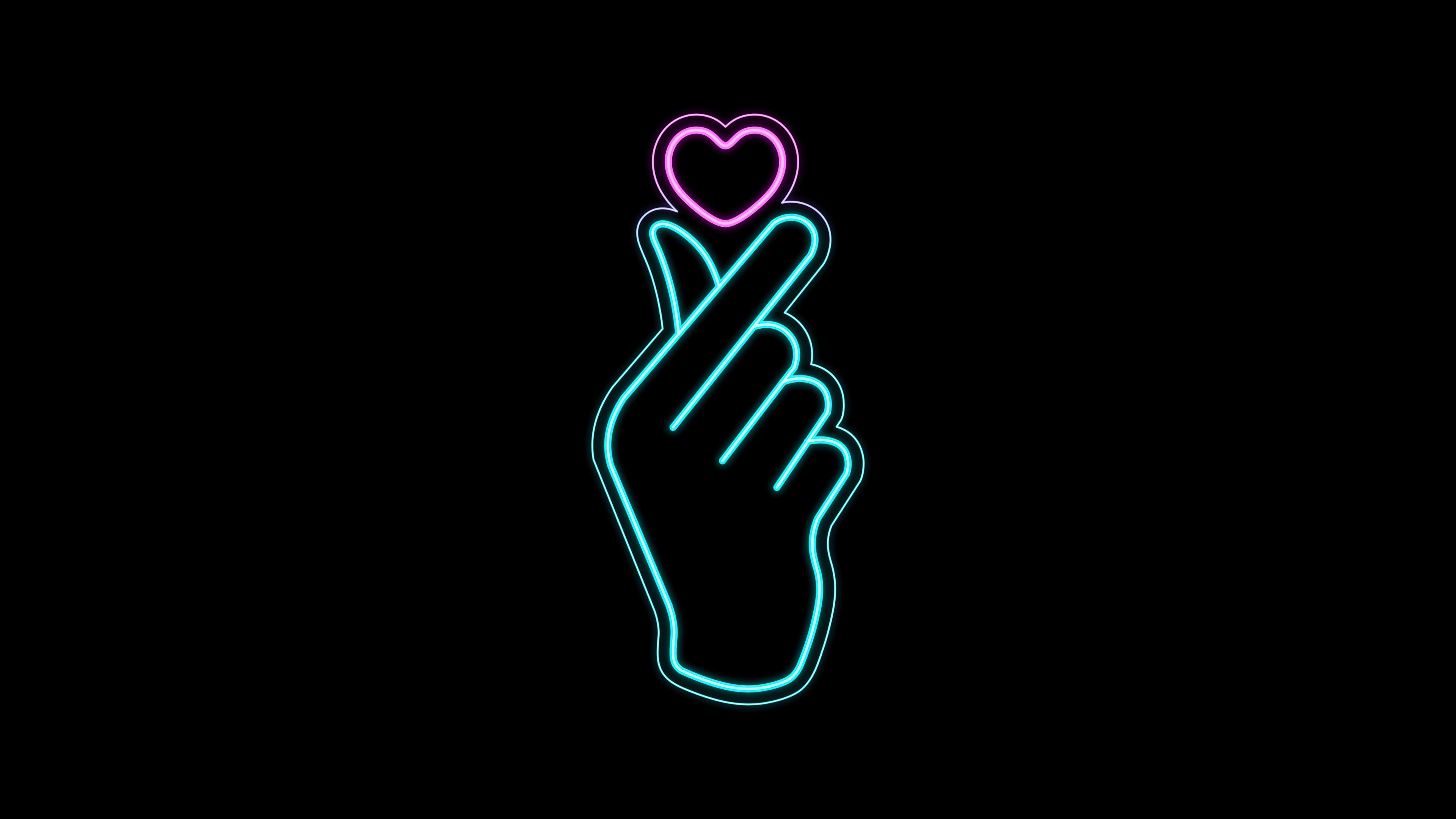 A glowing pink finger heart icon set against a pitch-black background with a soft neon radiance.