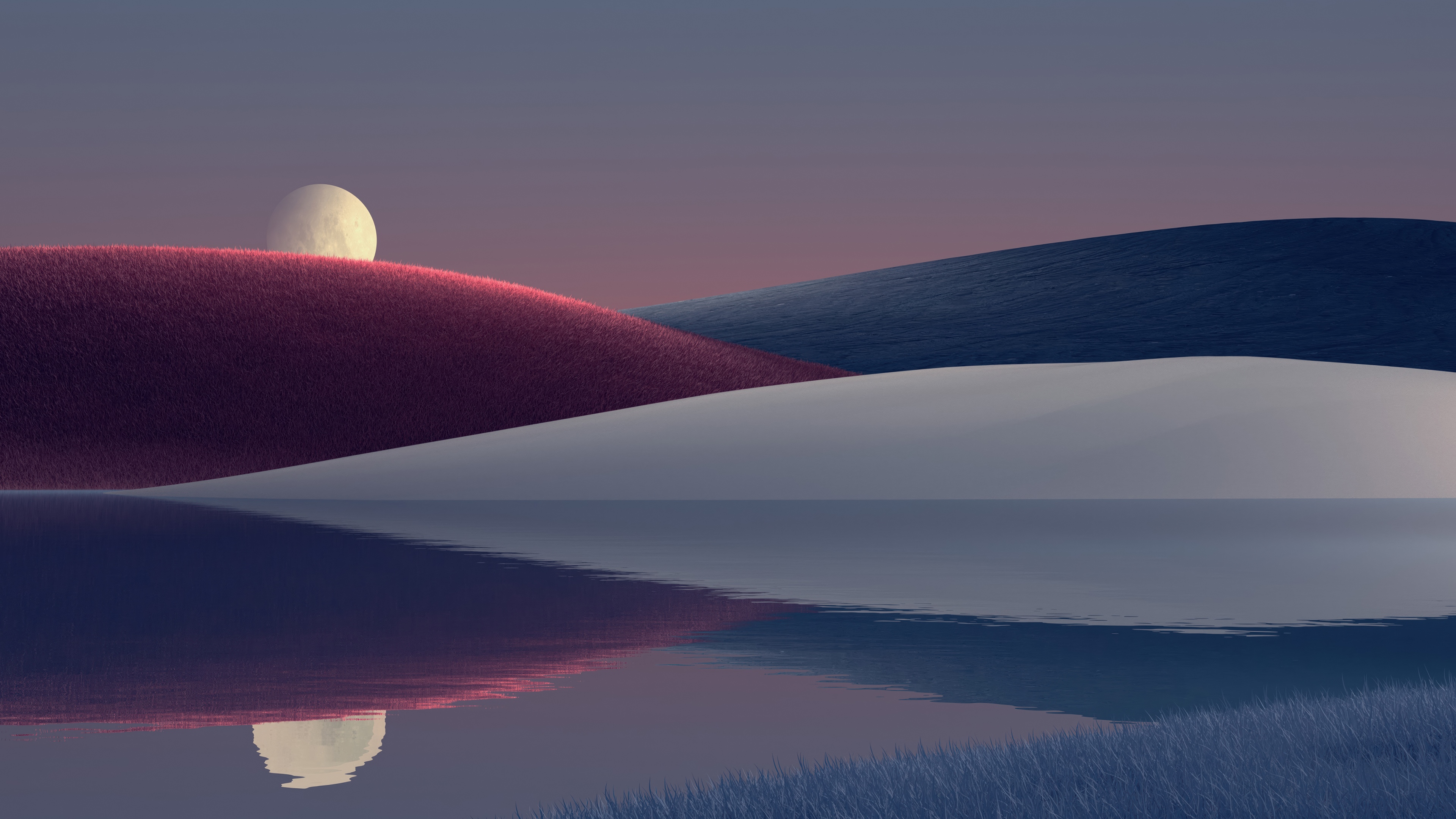 Surreal digital art of a moonrise over rolling hills with a clear reflection in a calm lake at dusk.