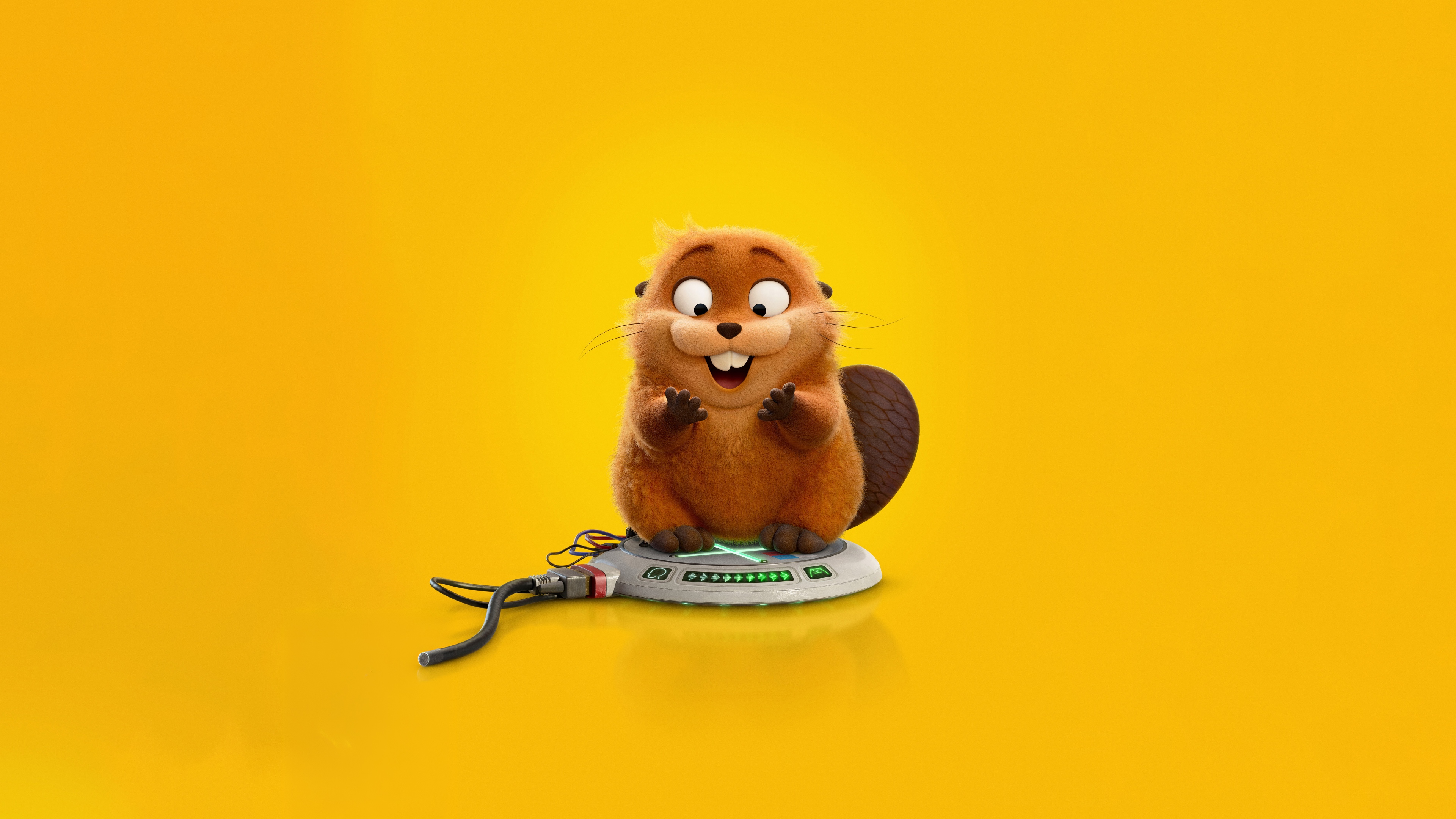 3D animated beaver character Mabel from the Pixar movie Hoppers (2026) on a yellow background.