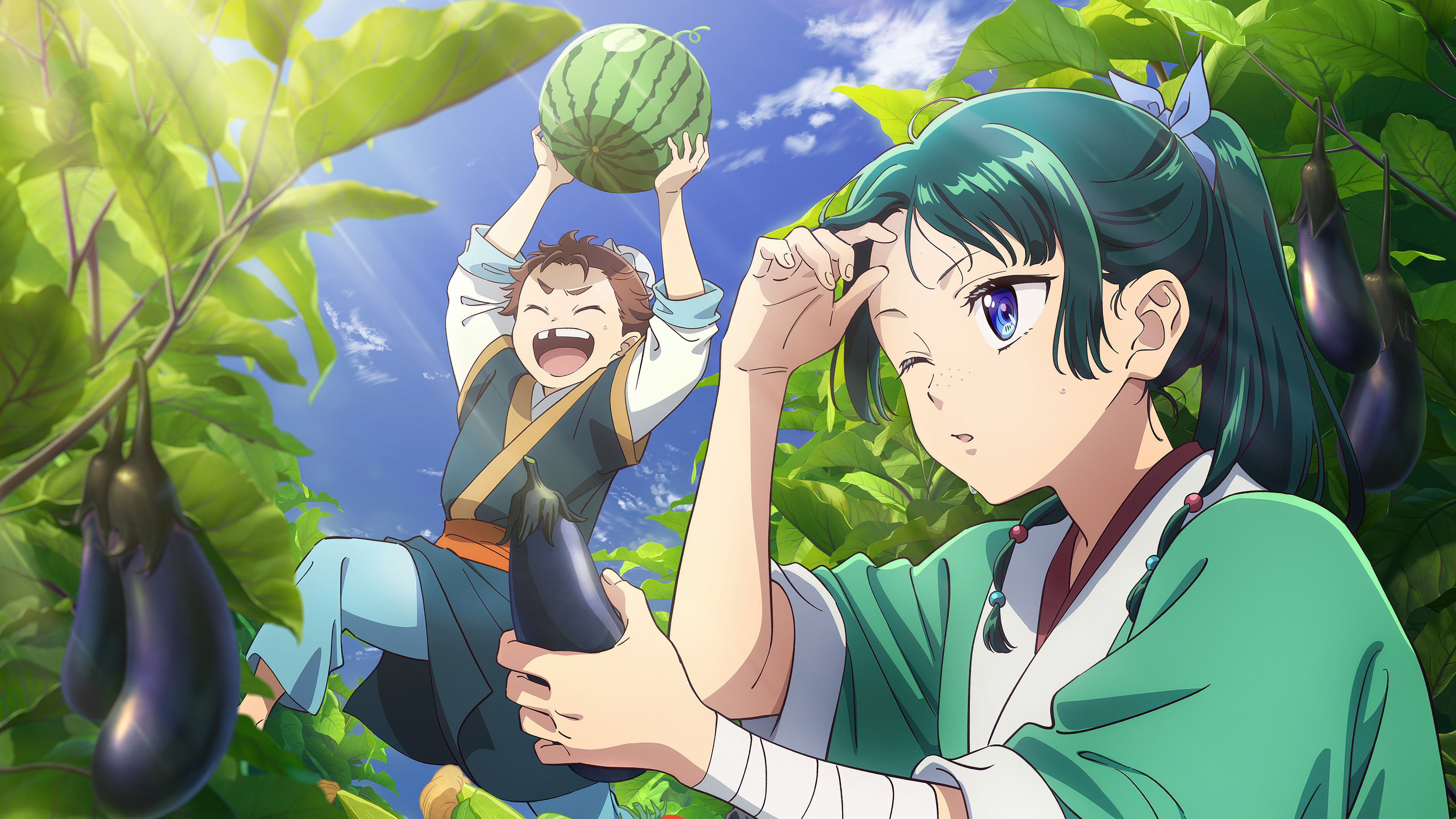 Maomao from Kusuriya no Hitorigoto standing in a lush, colorful anime garden
