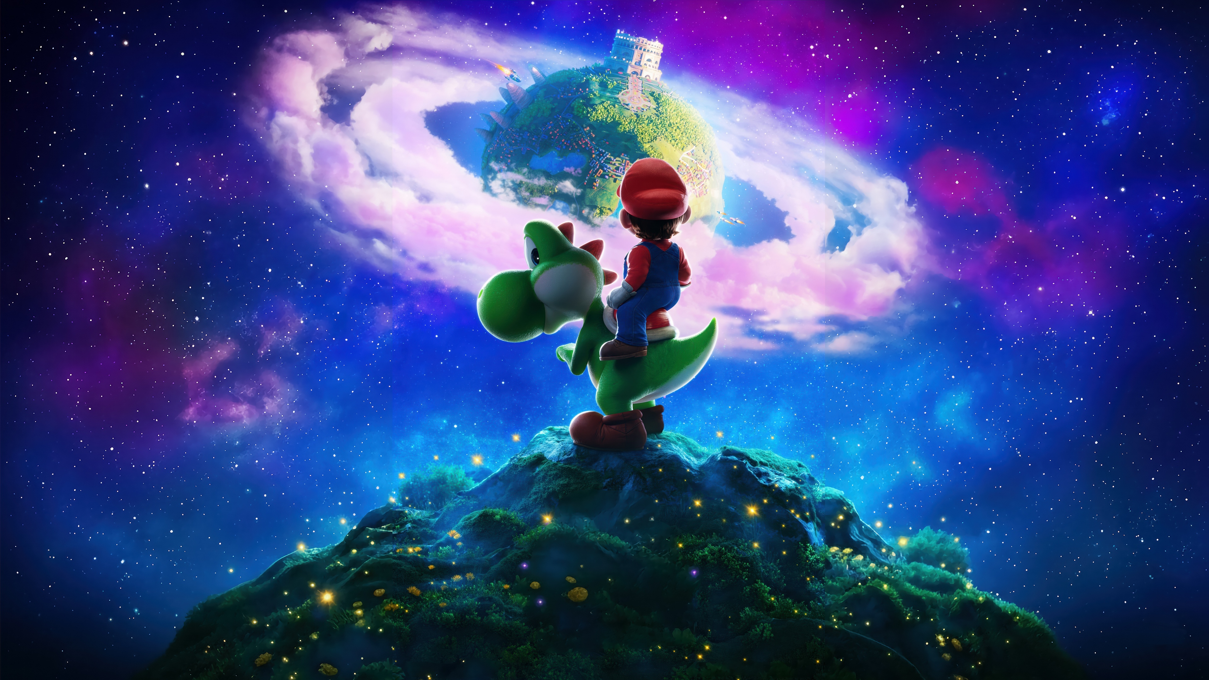 Mario and Yoshi standing together in a cosmic landscape from The Super Mario Galaxy Movie