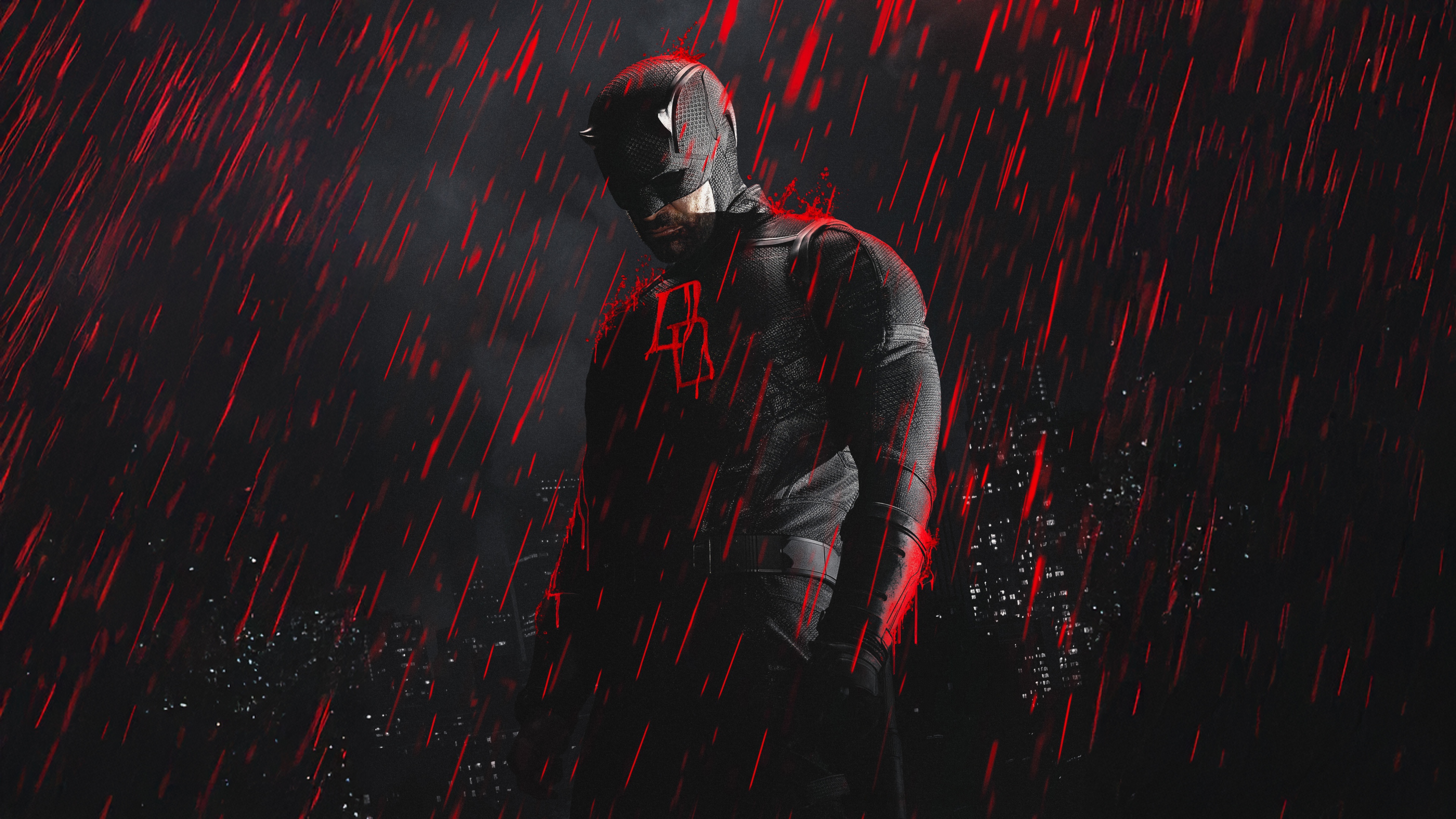 A cinematic, high-detail portrait of Matt Murdock from the Marvel series Daredevil: Born Again set against a dark, moody background.