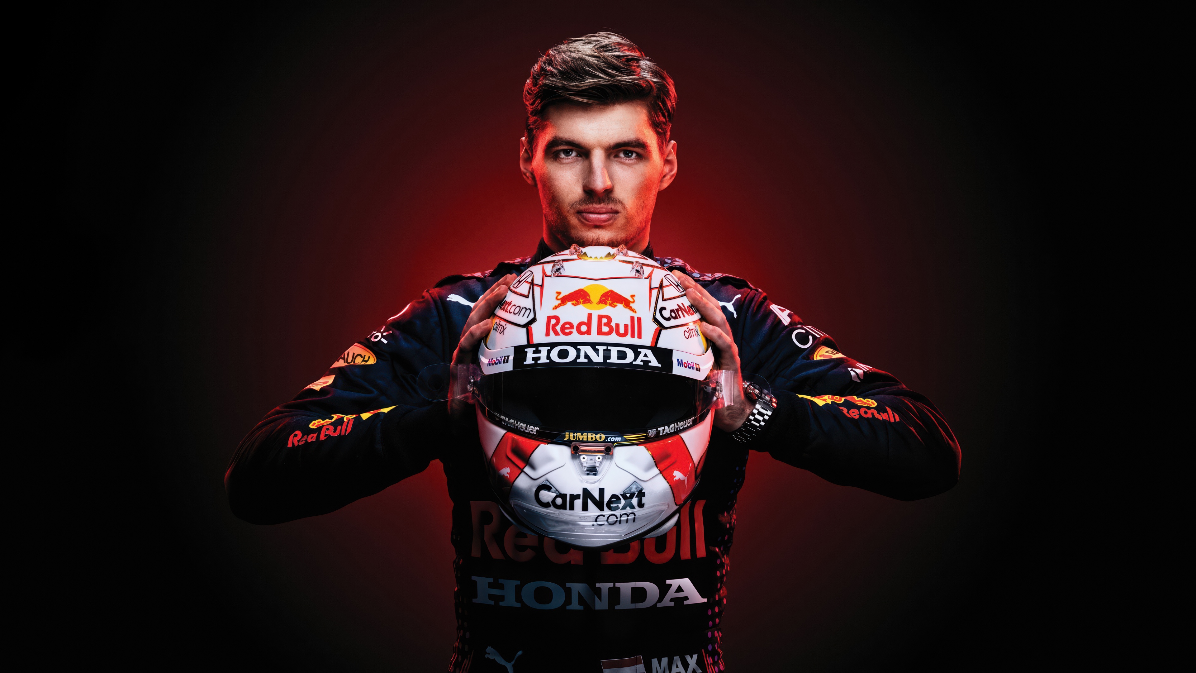 A detailed close-up portrait of Max Verstappen wearing a Red Bull Racing helmet against a dark, atmospheric background.