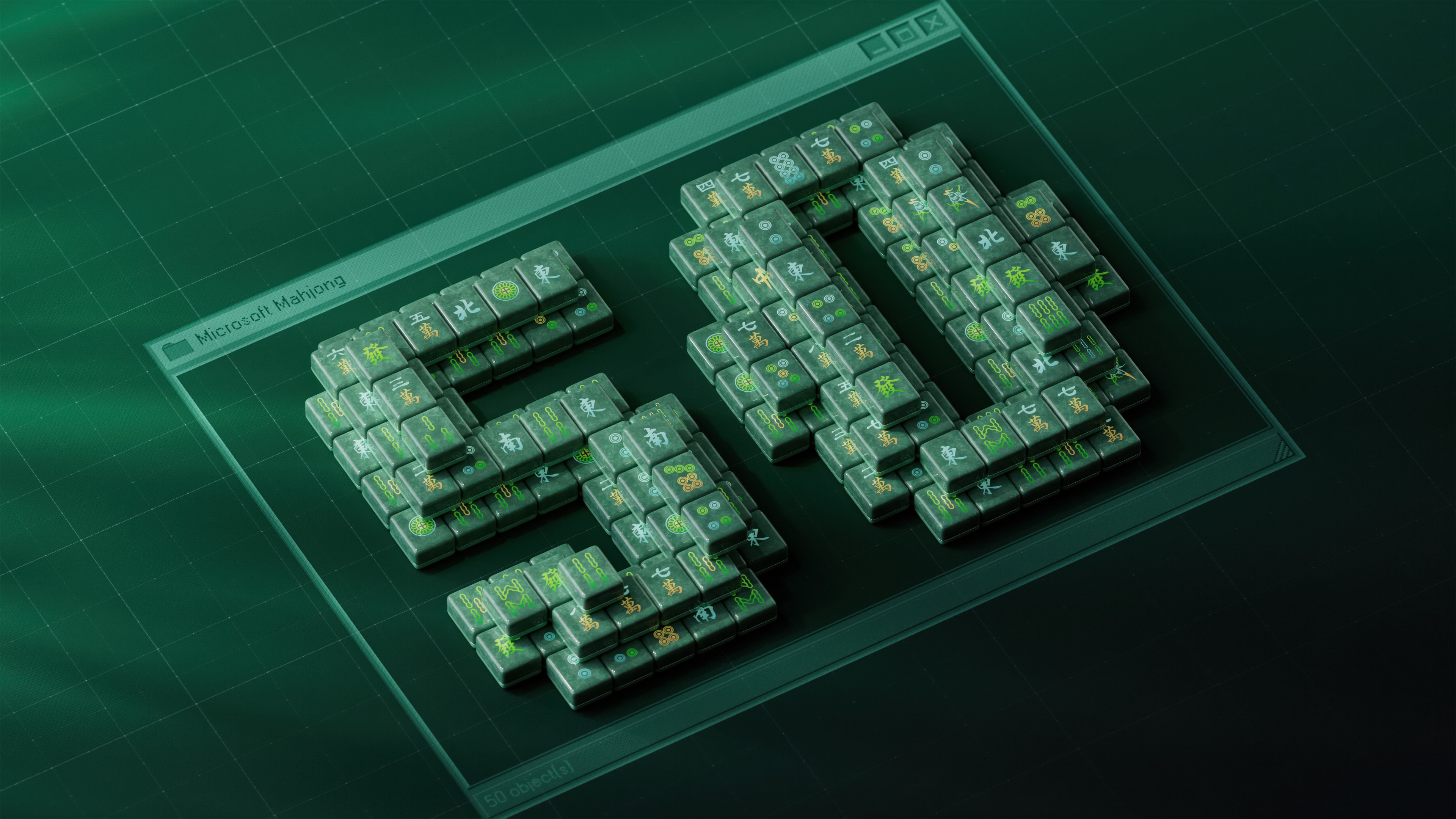 A high-resolution 5K dark mode view of Microsoft Mahjong tiles on a lush green background, celebrating the 50th anniversary of Windows.