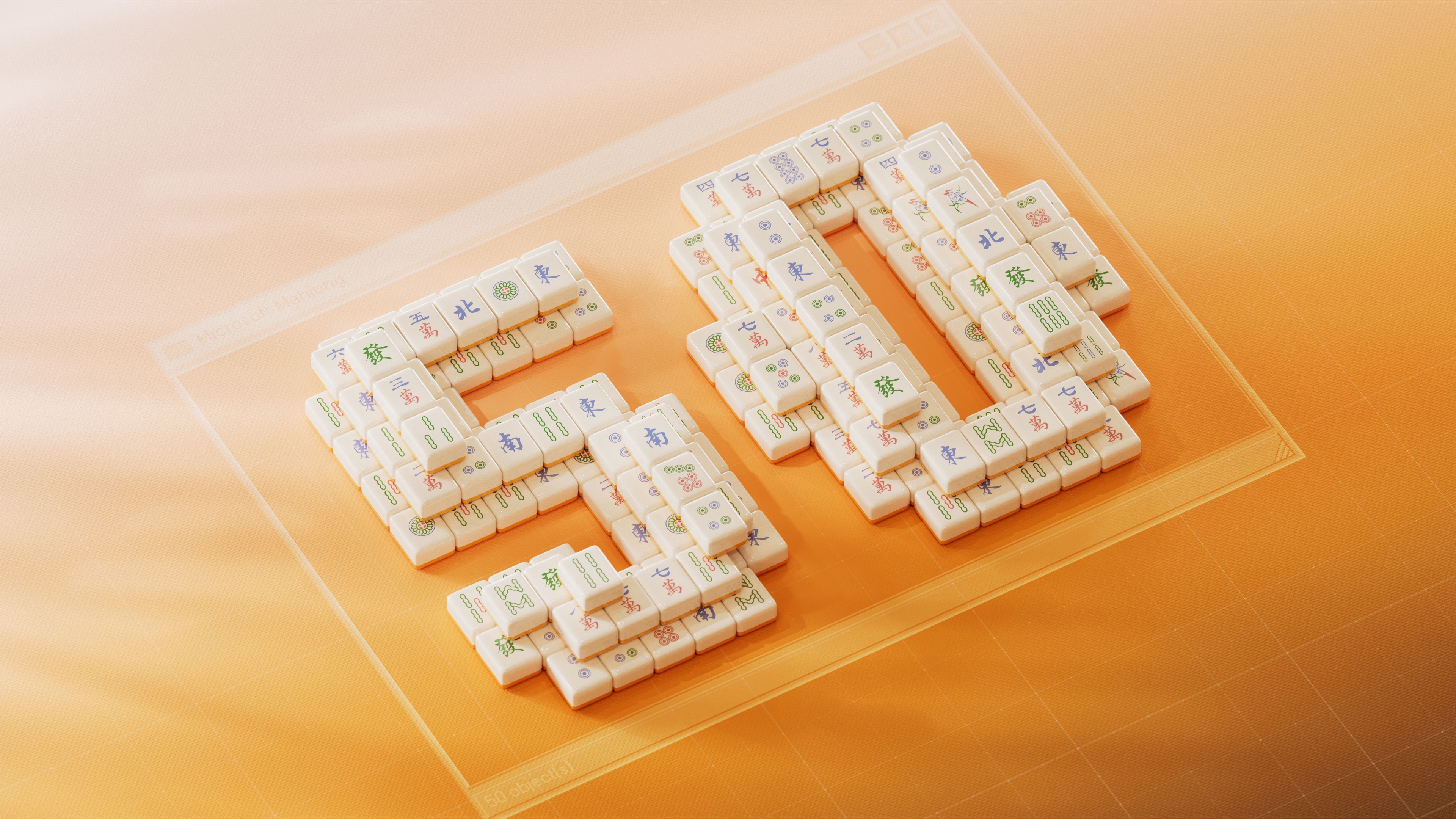 Classic Microsoft Mahjong tiles arranged on a bright yellow background for the Microsoft Windows 50th Anniversary celebration in 5K resolution.