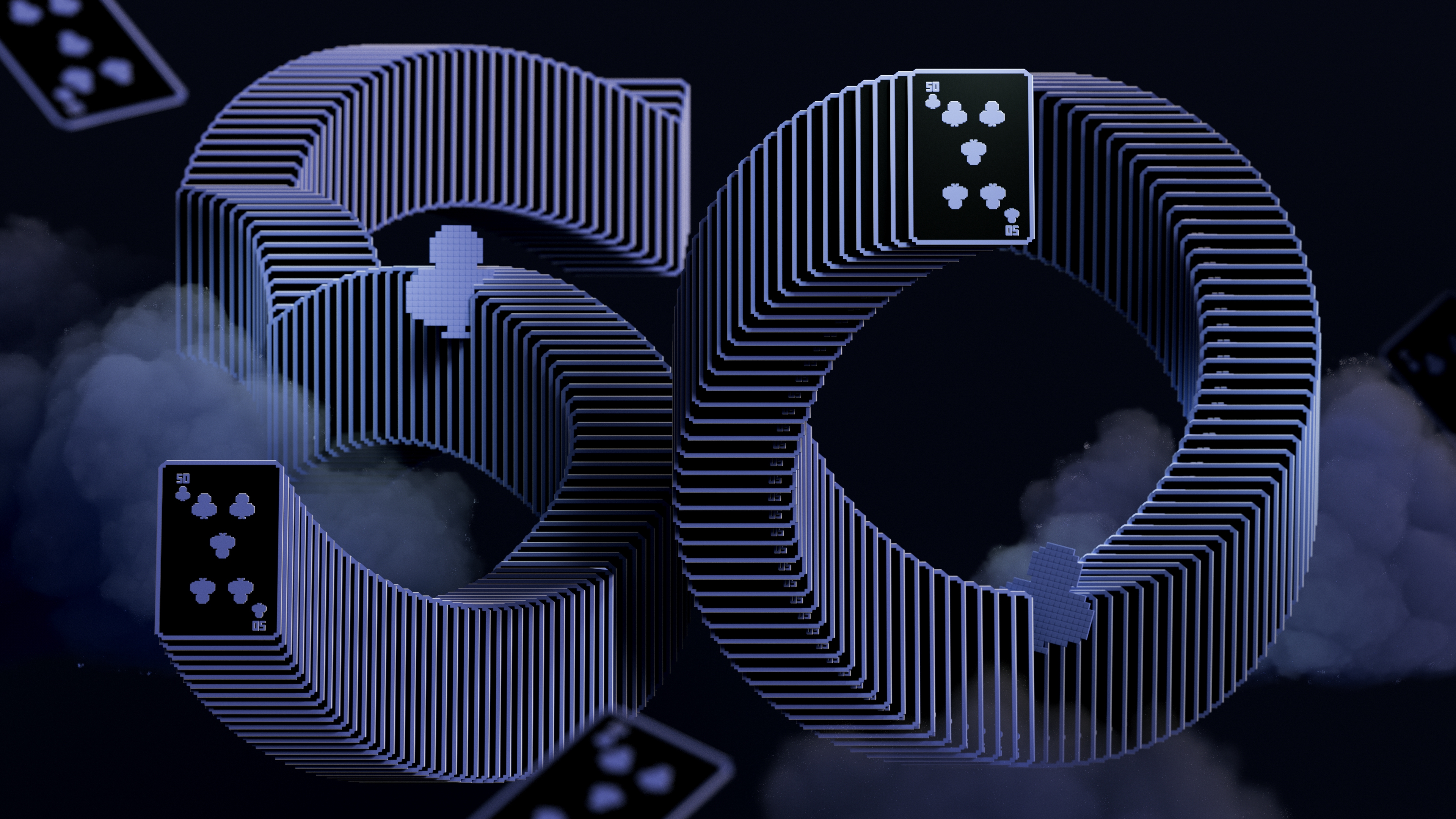 A dark mode aesthetic arrangement of Solitaire playing cards celebrating the 50th anniversary of Microsoft Windows.