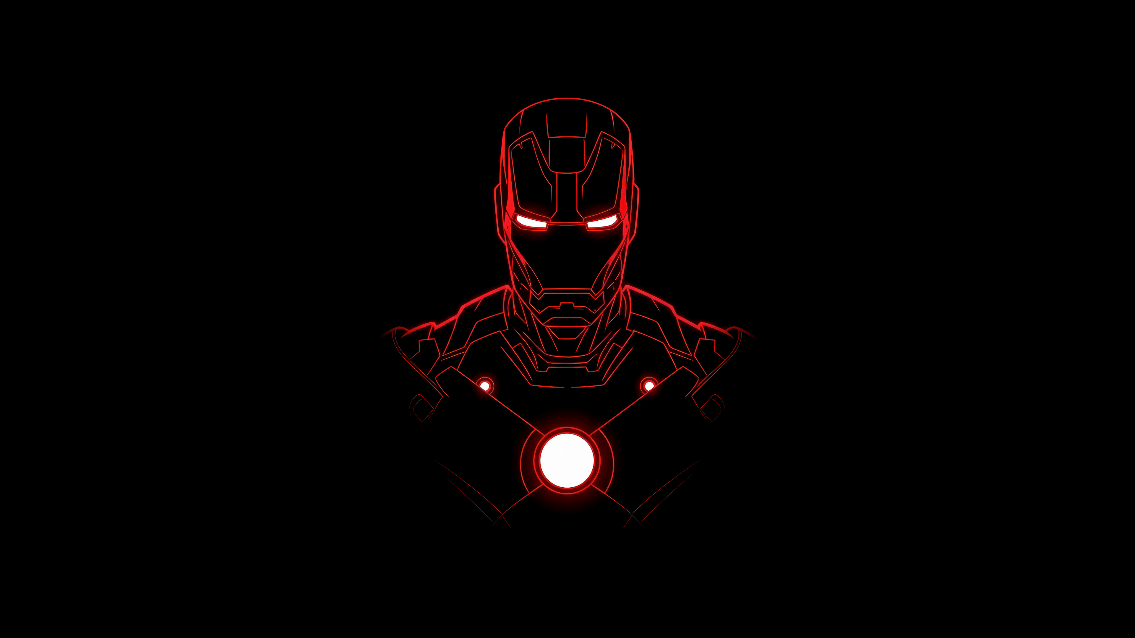 Minimalist outline of Iron Man from Marvel featuring a vibrant red glow on a deep black background.