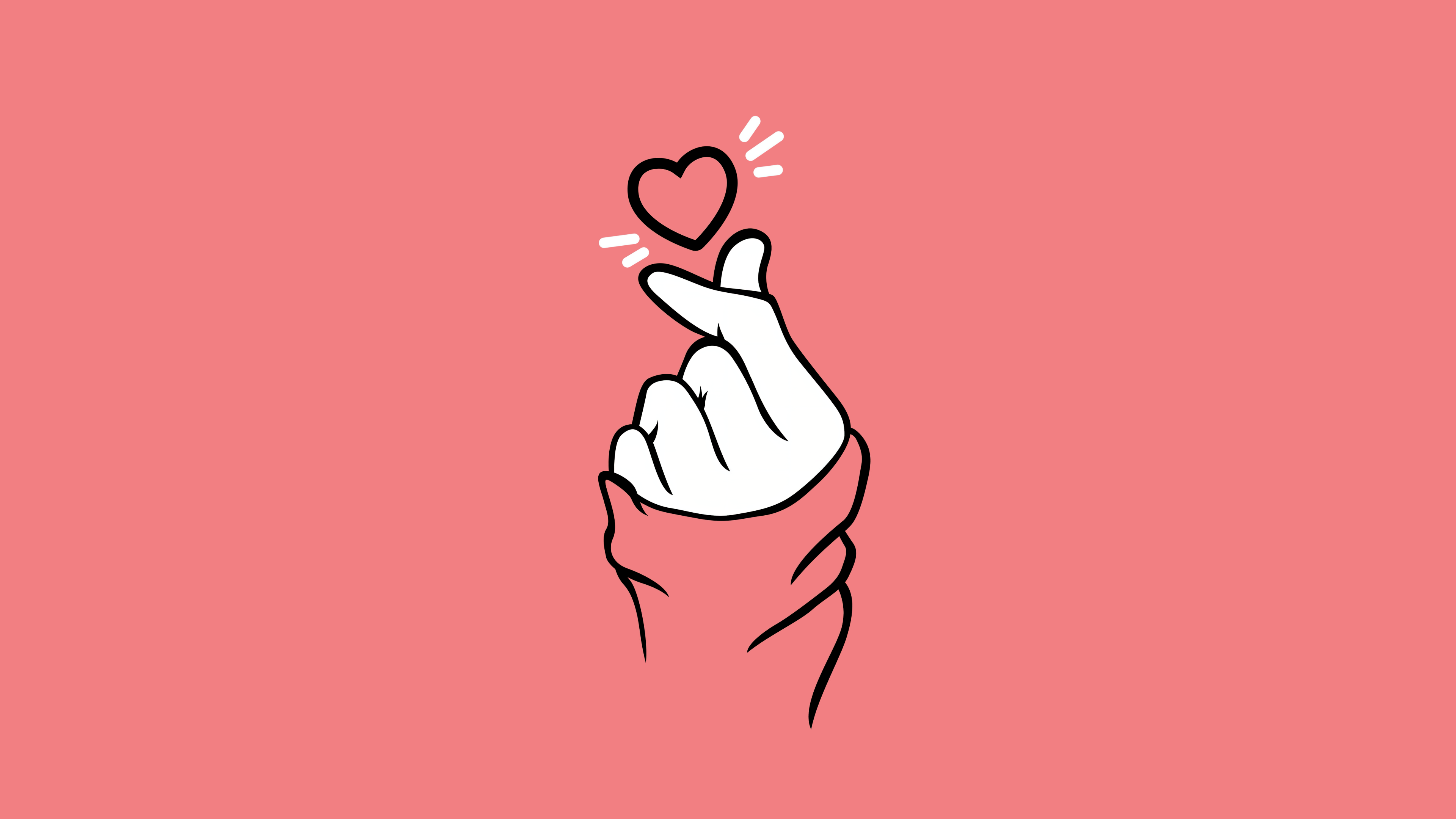 A hand making a finger heart gesture against a soft pastel pink minimalist background.