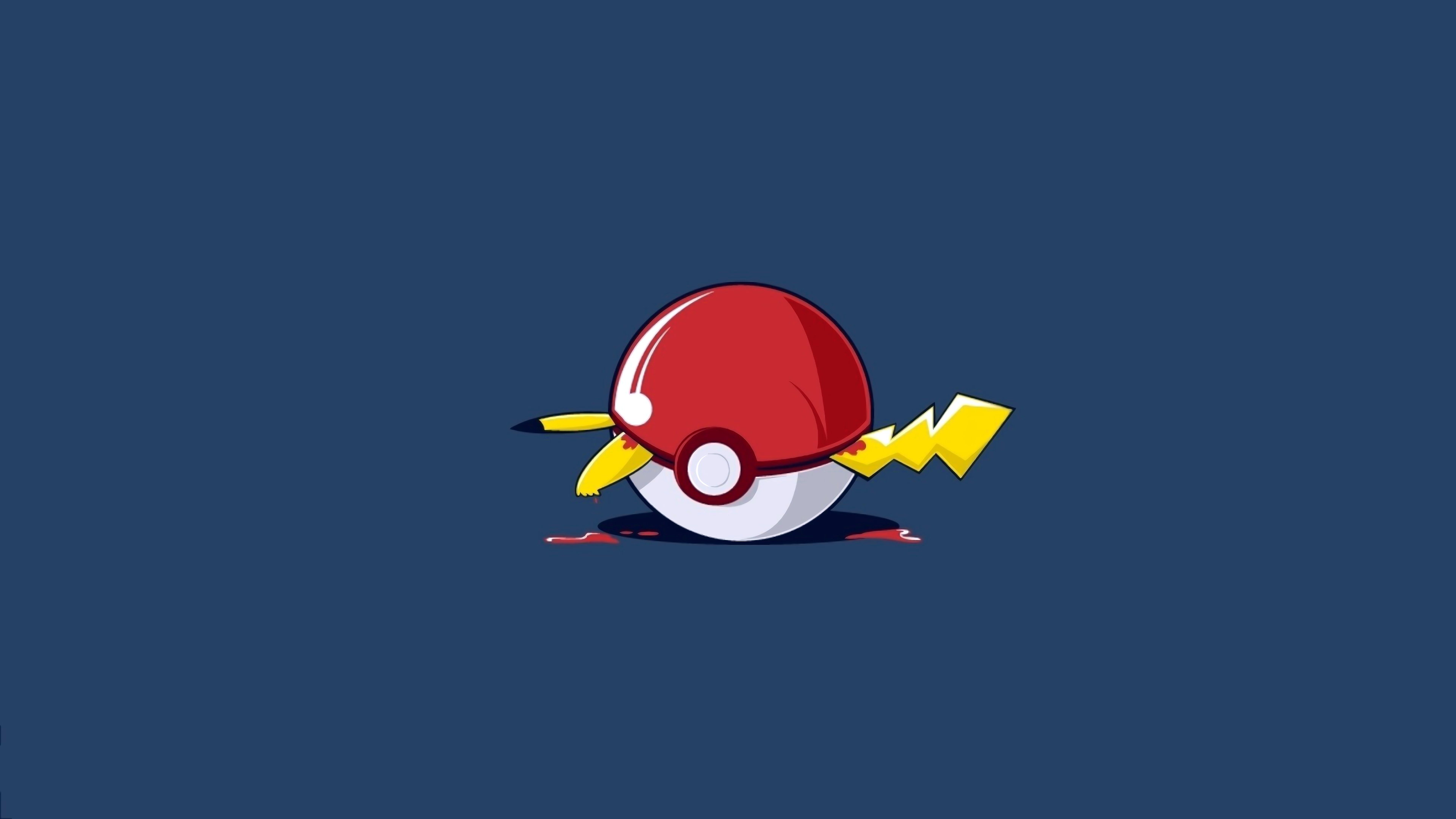 Minimalist illustration of Pikachu and a Pokeball on a blue background