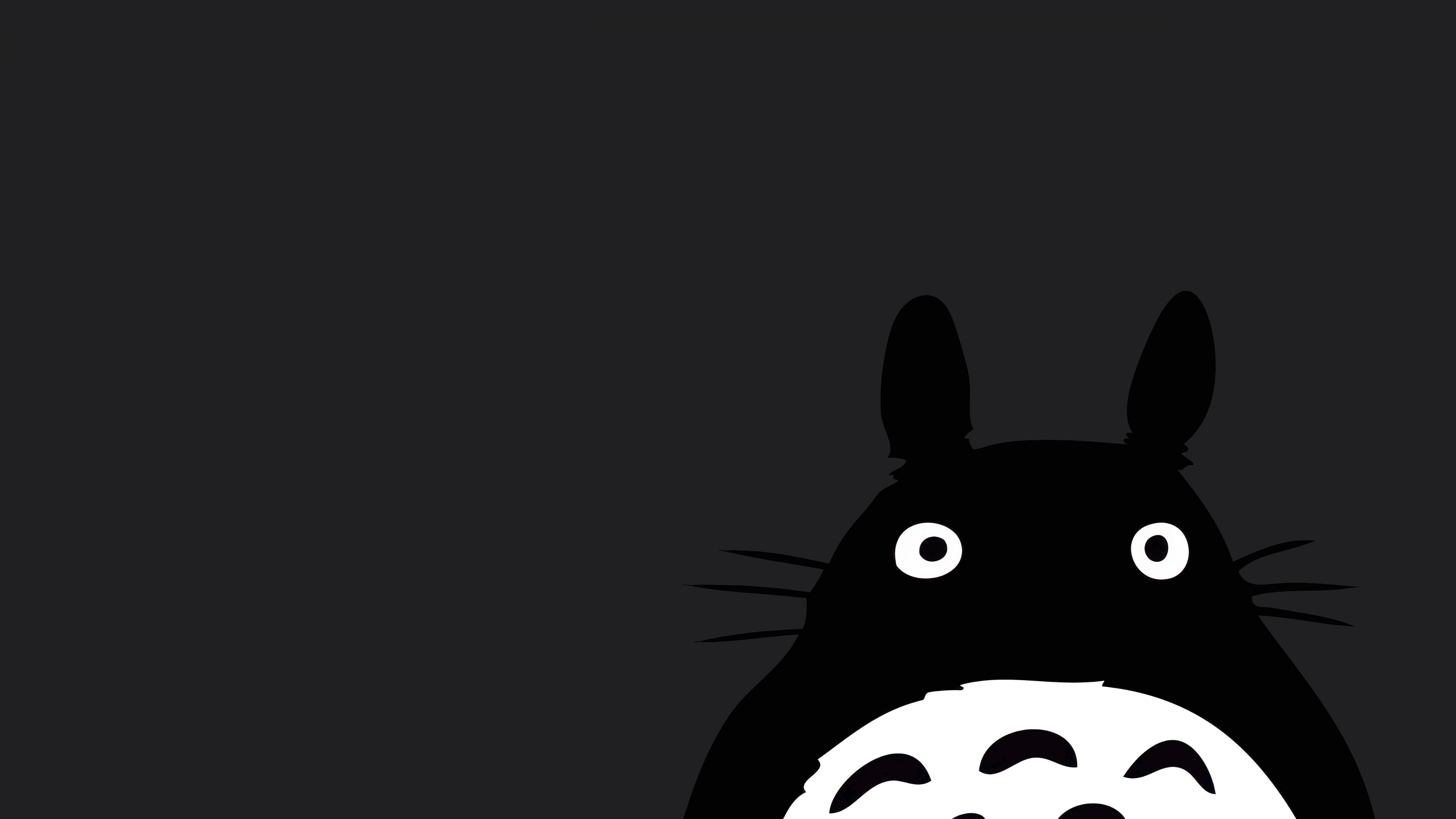 A minimalist black and white depiction of Totoro from My Neighbor Totoro against a dark background.