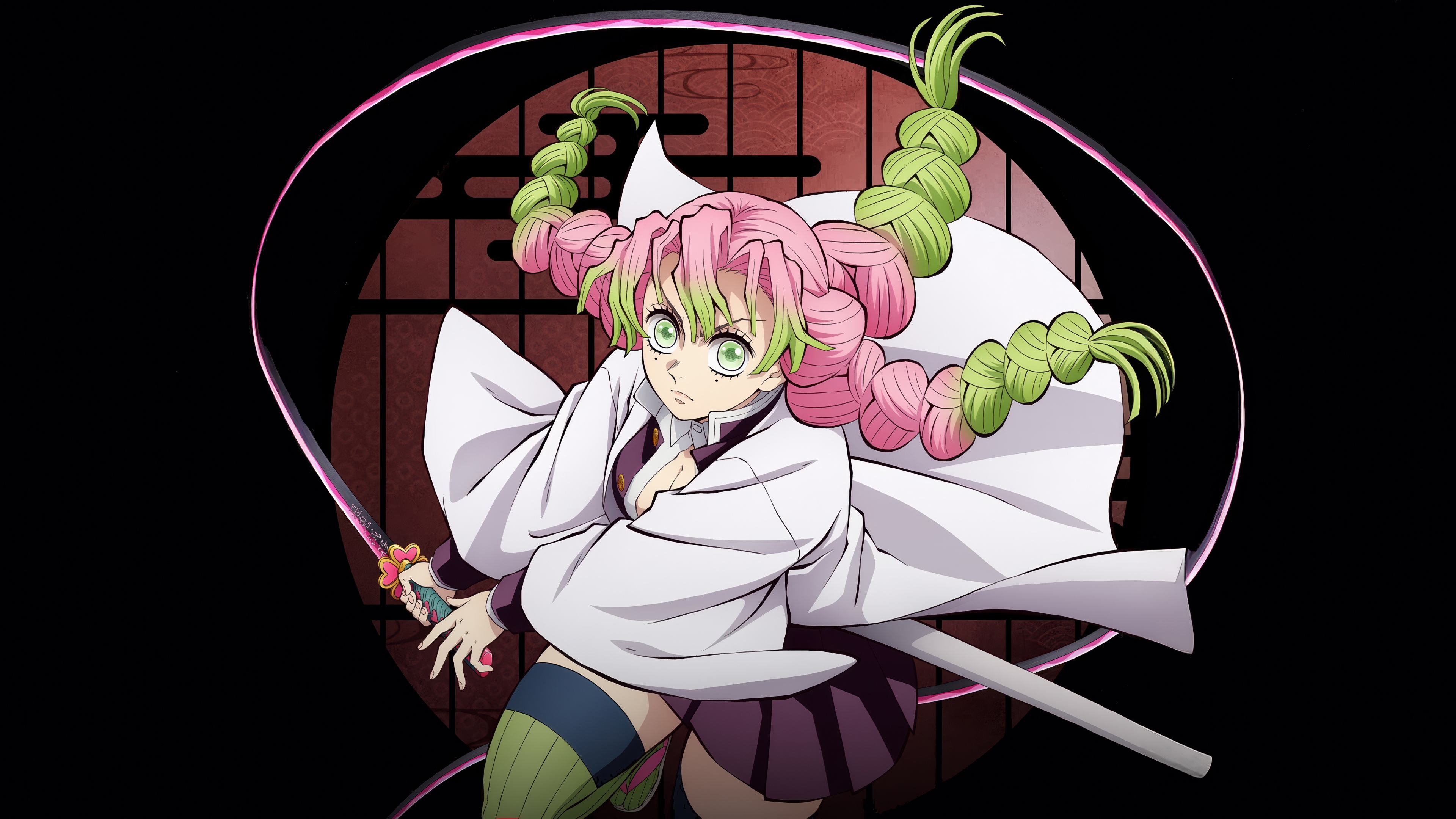 A cinematic, high-quality depiction of Mitsuri Kanroji from Demon Slayer: Kimetsu No Yaiba Infinity Castle against a black background.