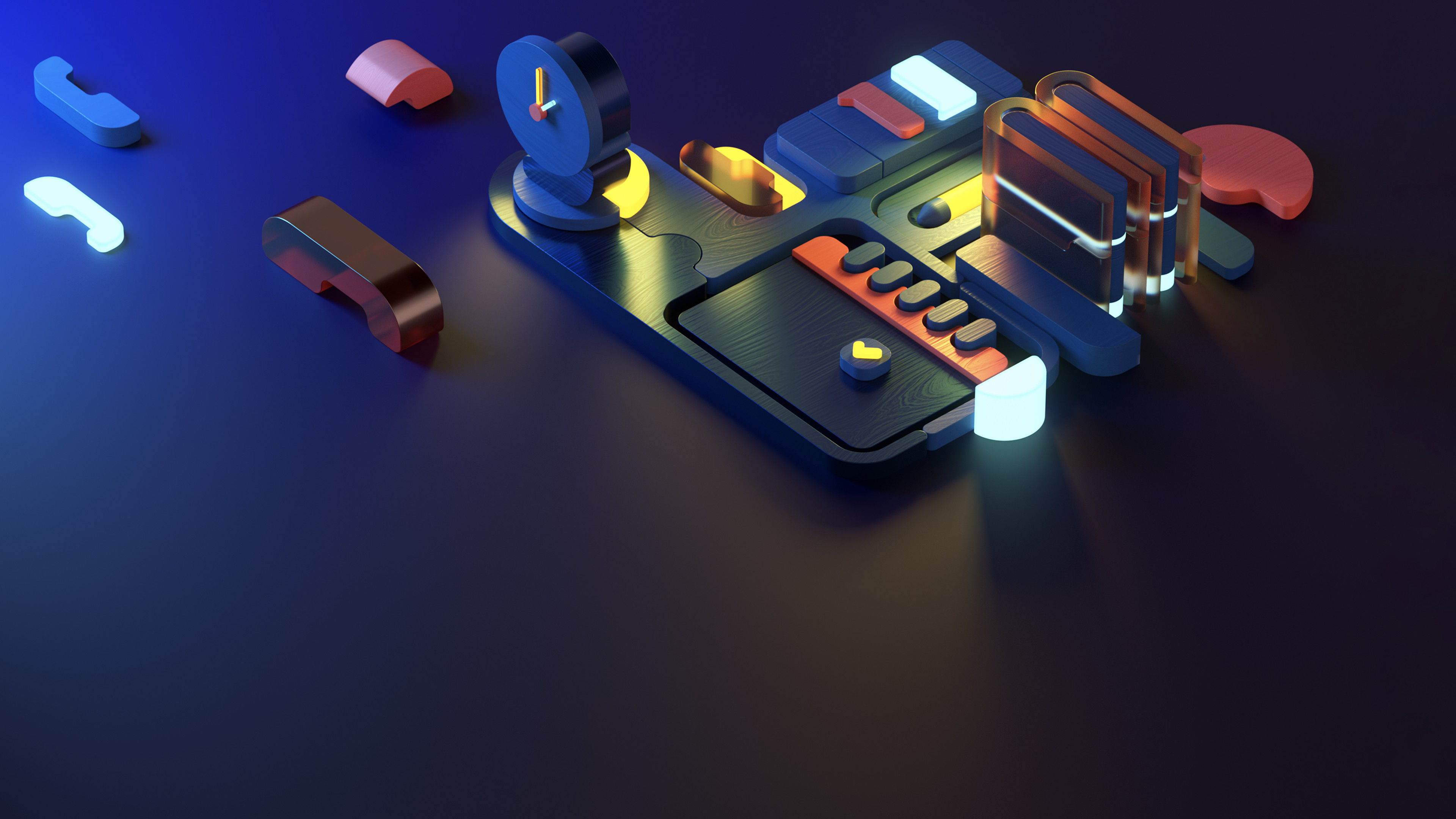 Modern minimalist icons in dark blue with a neon glow effect on a dark background.
