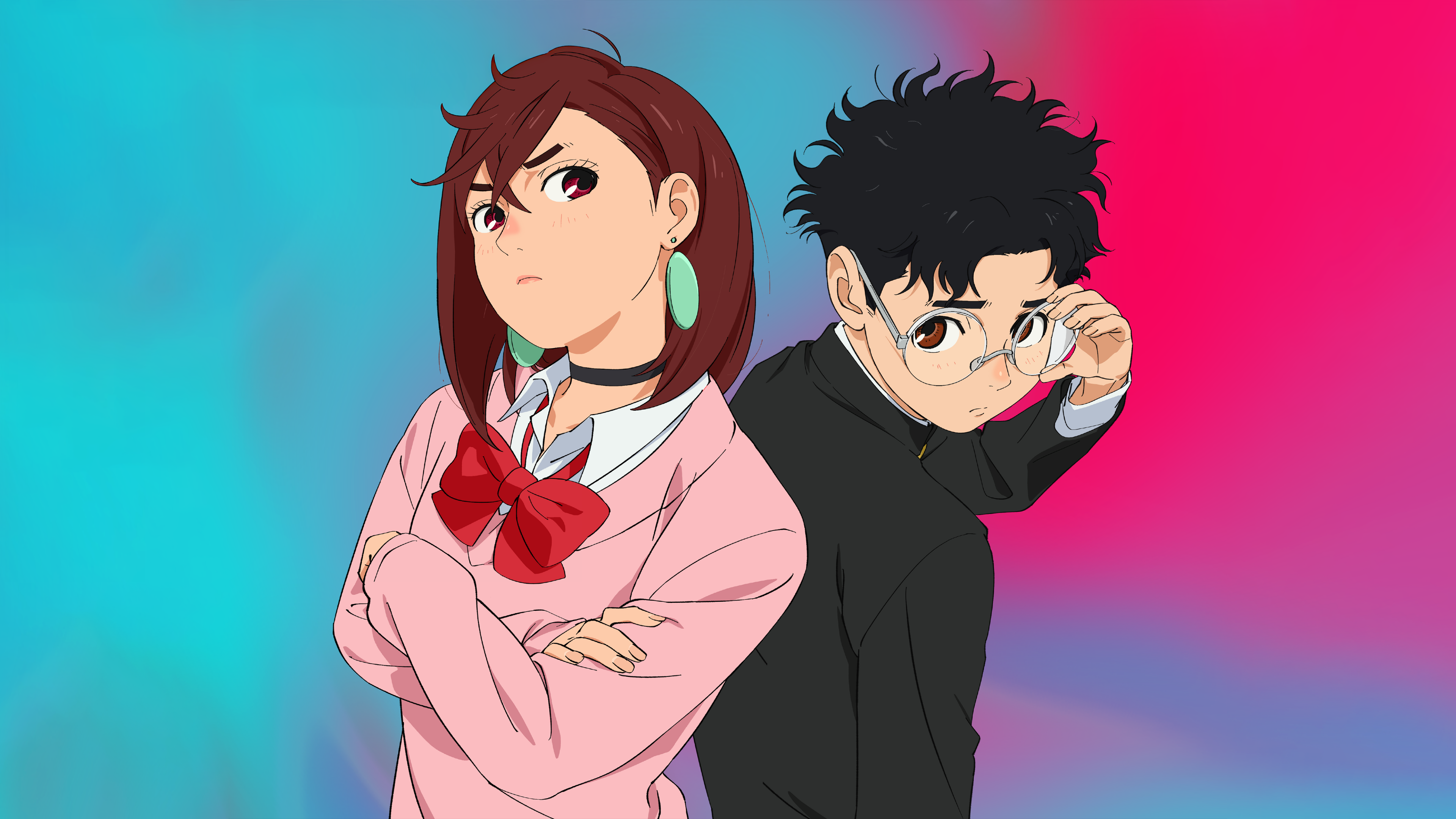 Momo Ayase and Ken Takakura (Okarun) from Dandadan against a colorful gradient background
