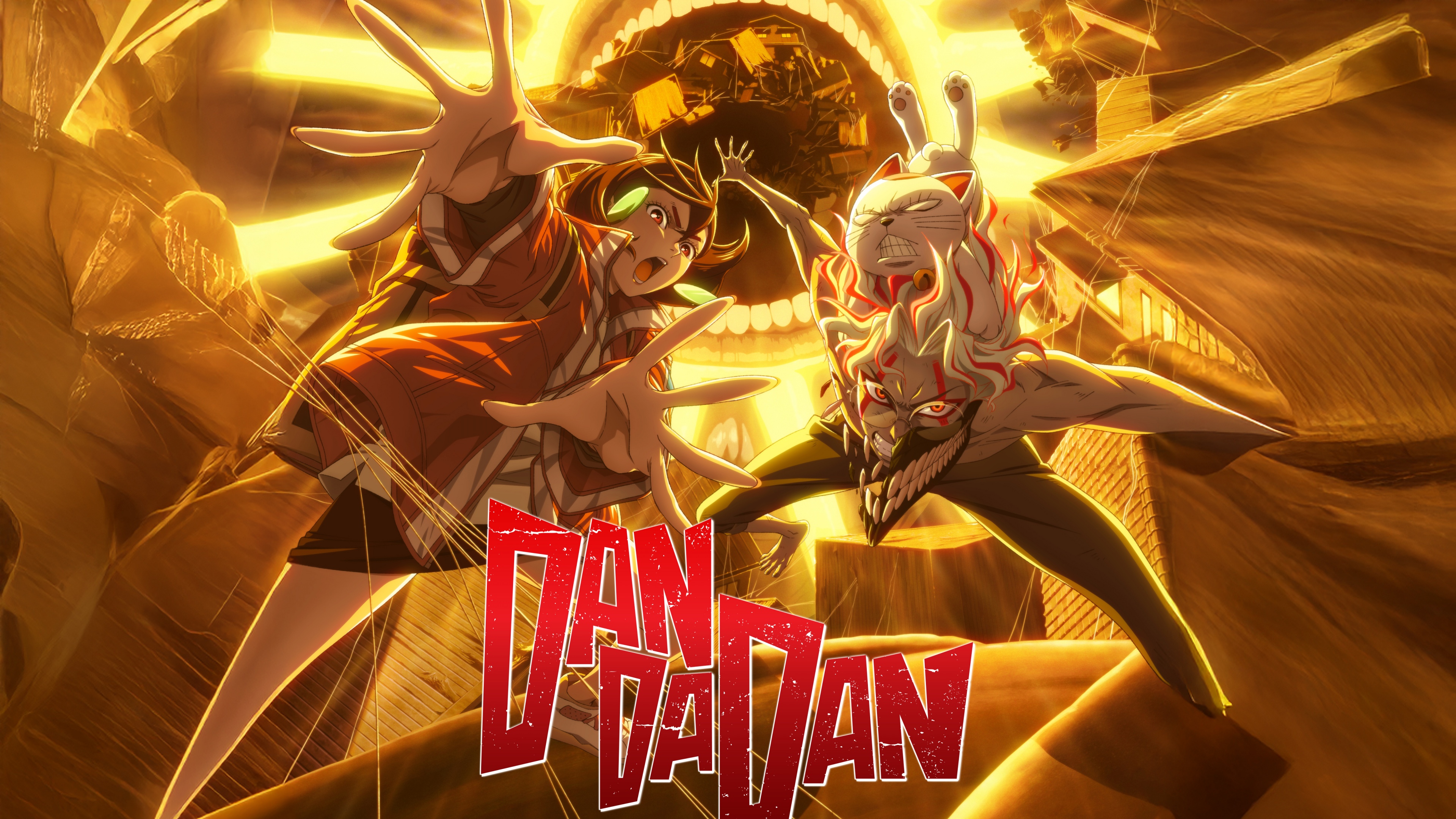 Momo Ayase and Okarun from the anime Dan Da Dan in a high-quality cinematic scene involving the Evil Eye.