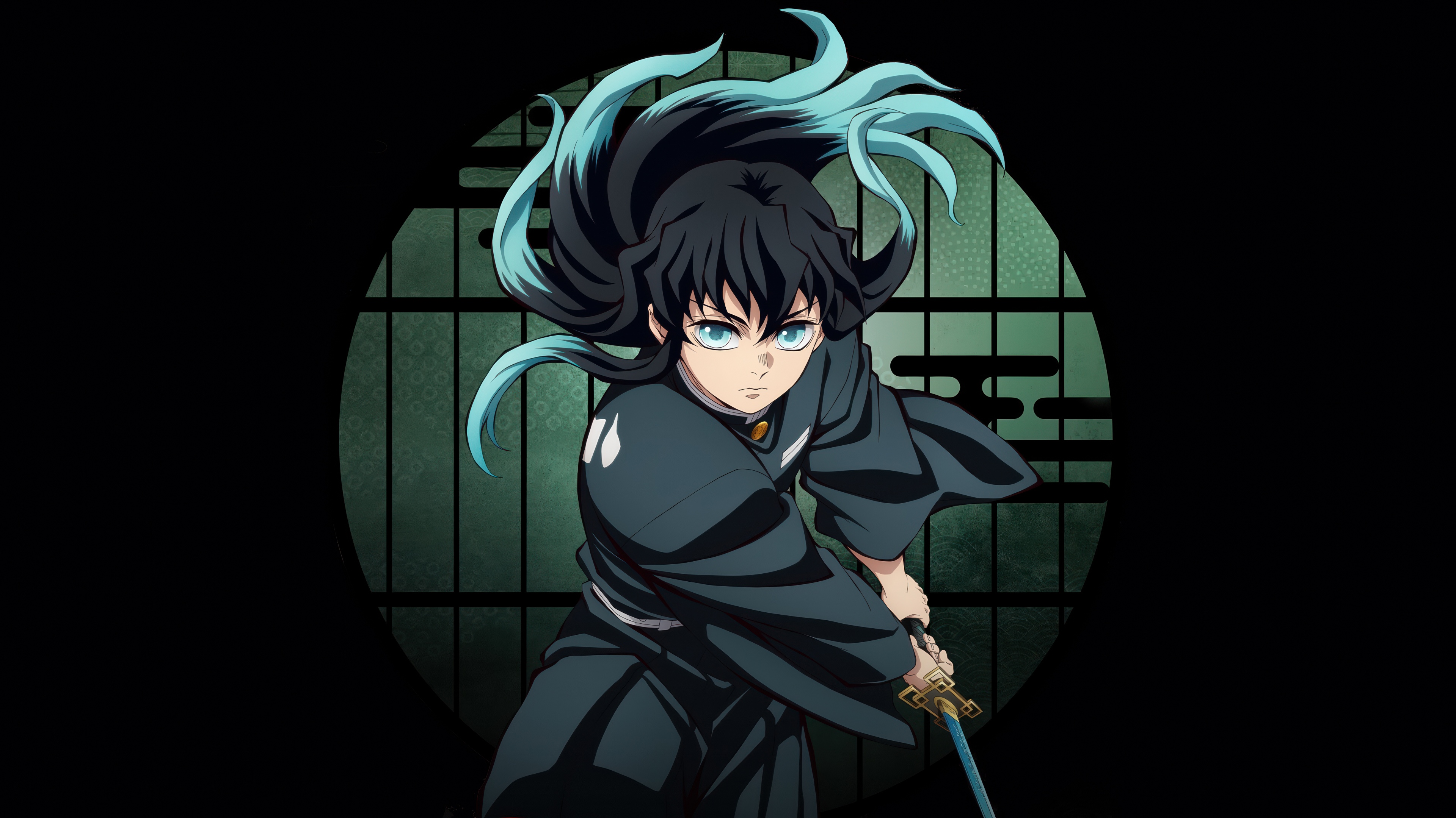 A cinematic anime-style portrait of Muichiro Tokito from Demon Slayer: Kimetsu No Yaiba against a solid black background.
