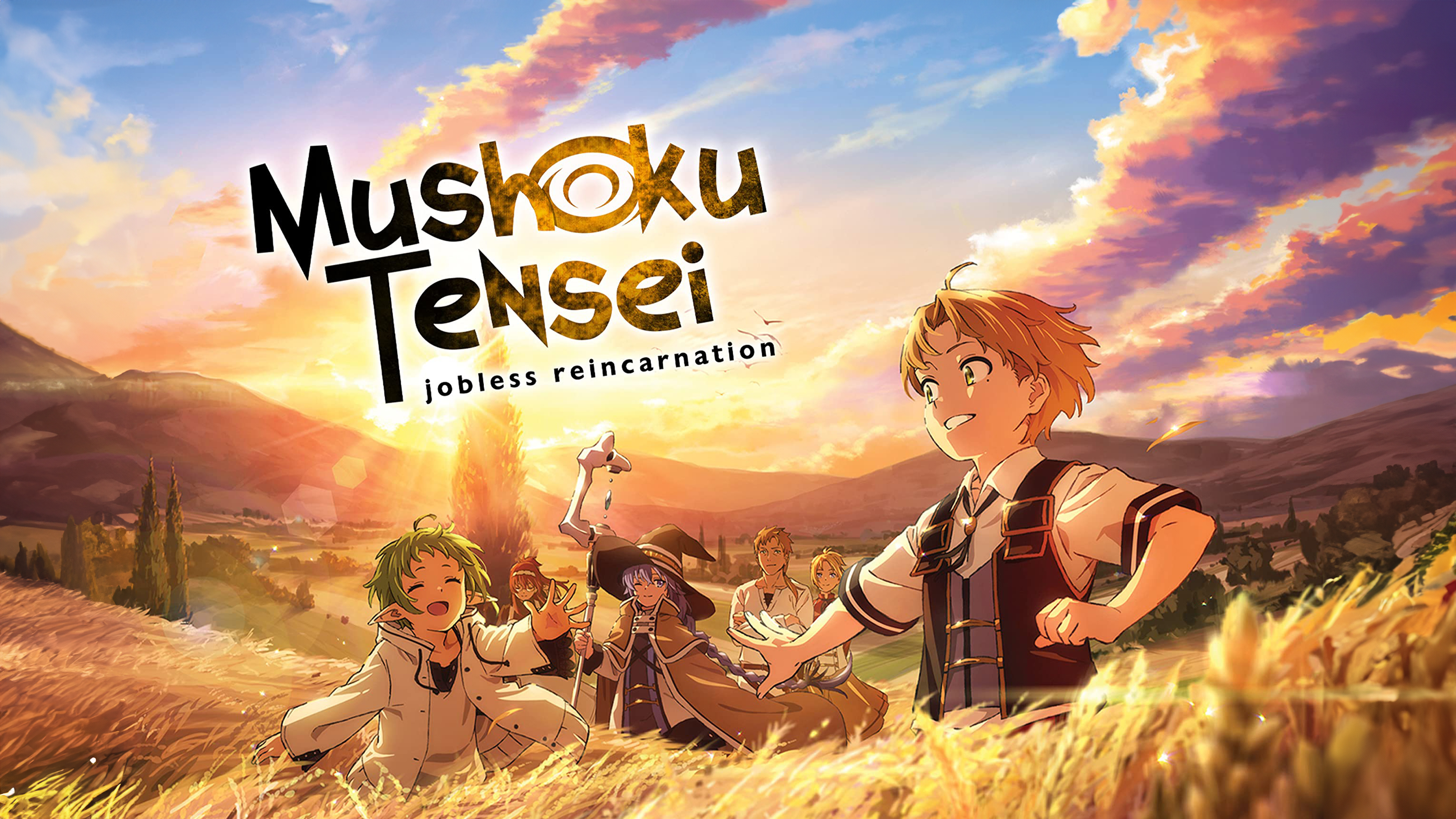 Anime poster for Mushoku Tensei: Jobless Reincarnation featuring Rudeus Greyrat in a detailed fantasy landscape.