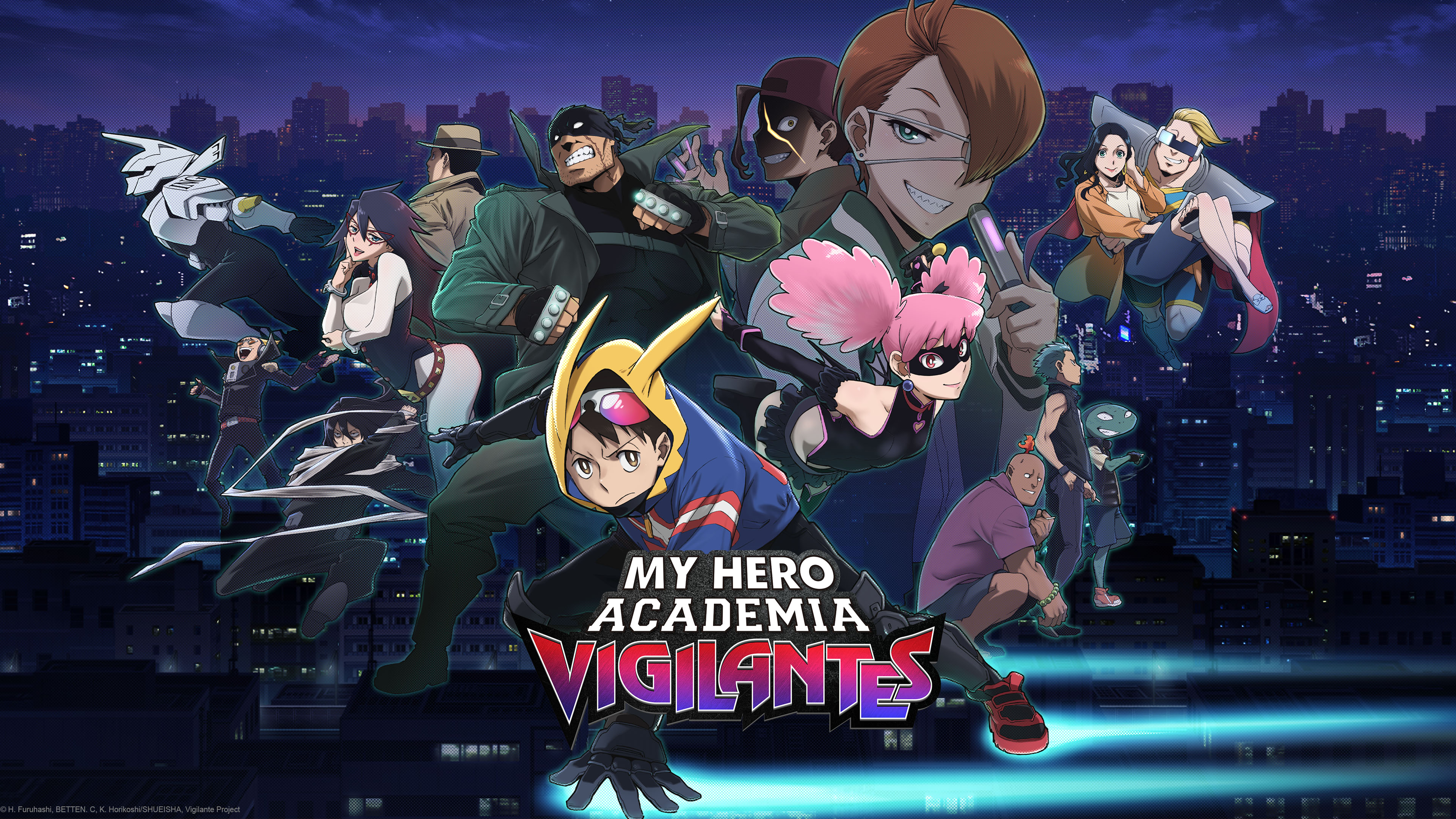 Anime poster featuring characters Knuckleduster, Koichi Haimawari, and Kazuho Haneyama from My Hero Academia: Vigilantes.