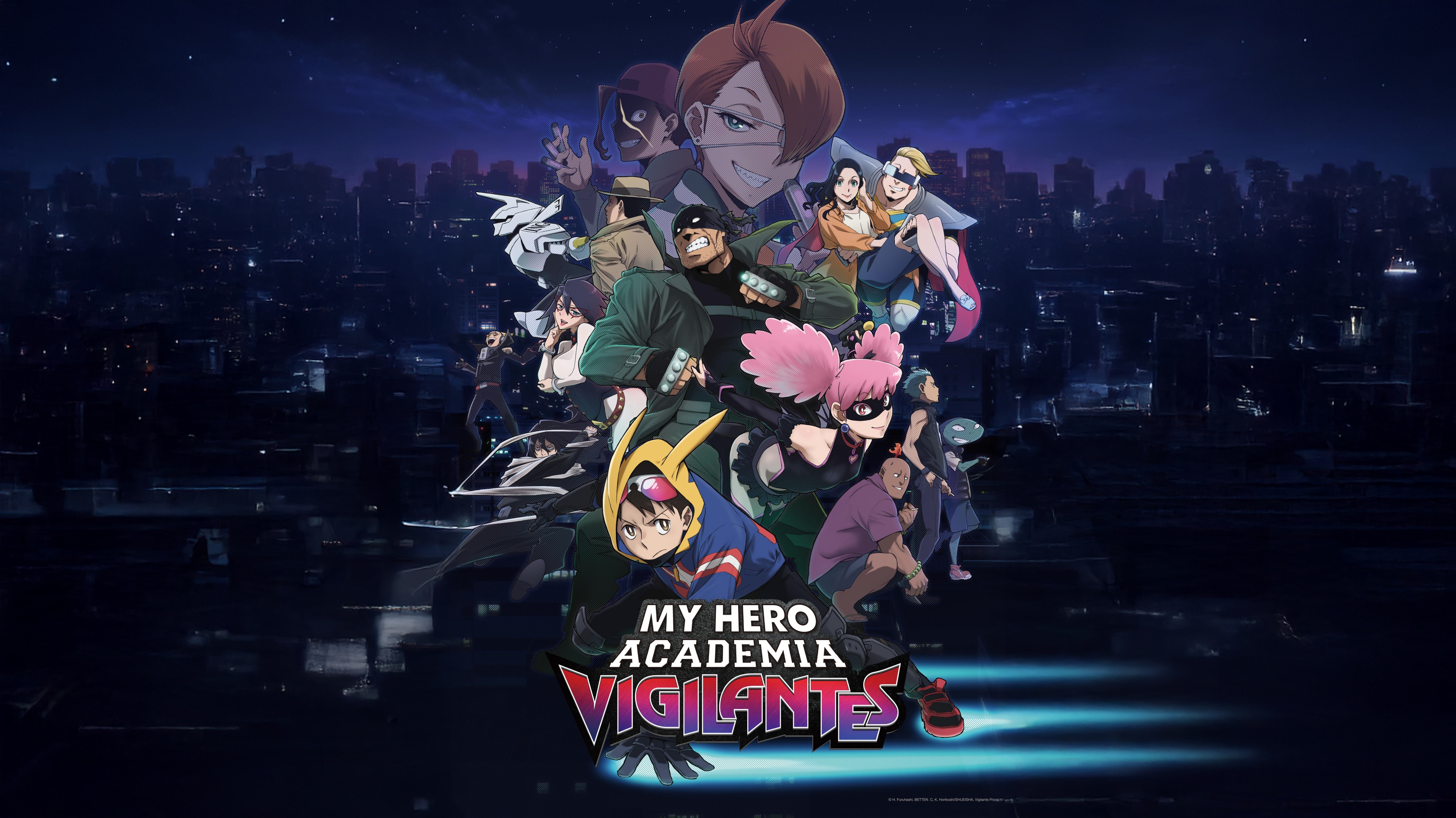 An 8K anime-style depiction of characters Knuckleduster, Koichi Haimawari, and Kazuho Haneyama from My Hero Academia: Vigilantes.