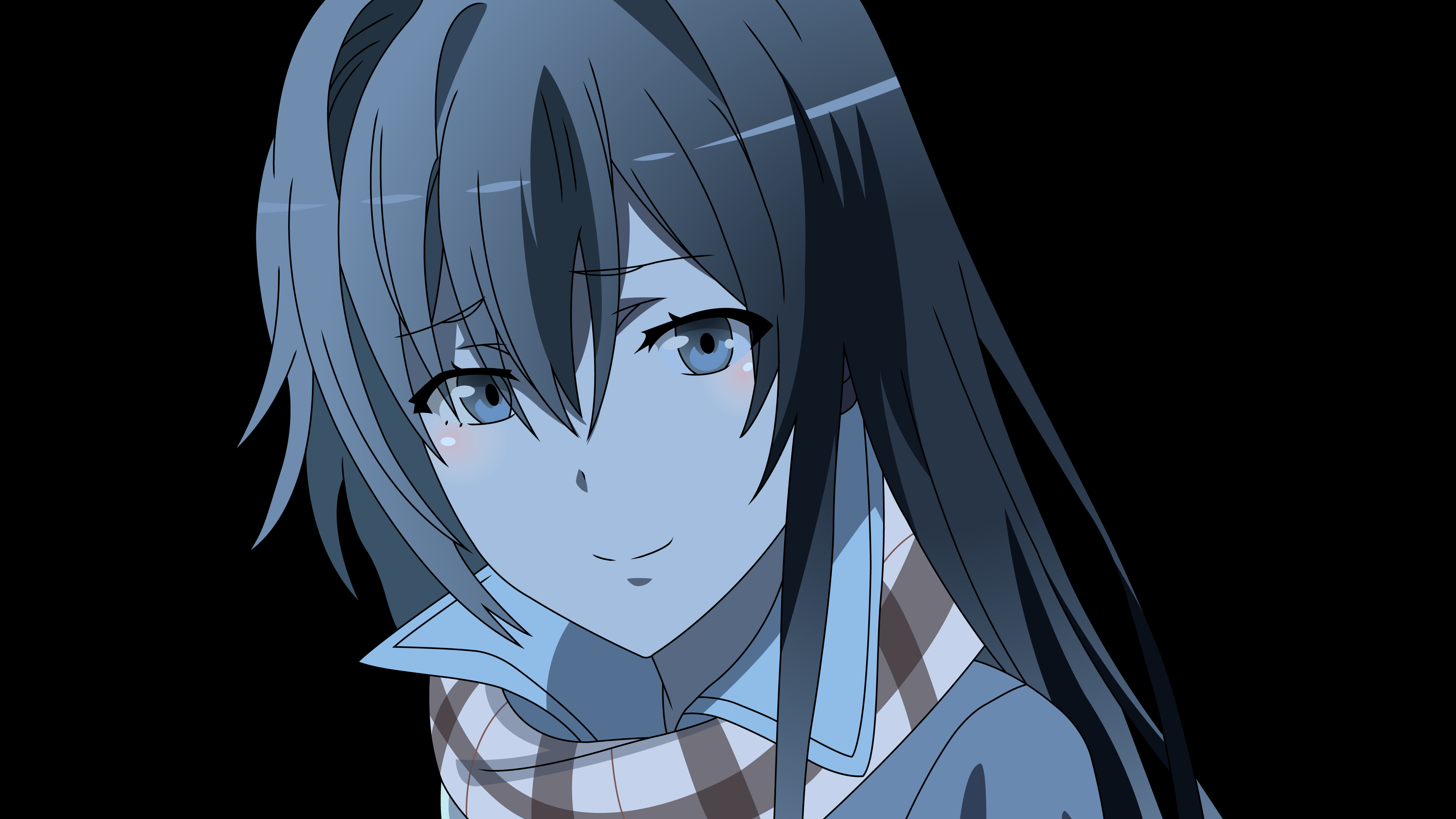 A close-up anime girl portrait with expressive eyes set against a minimalist black background.