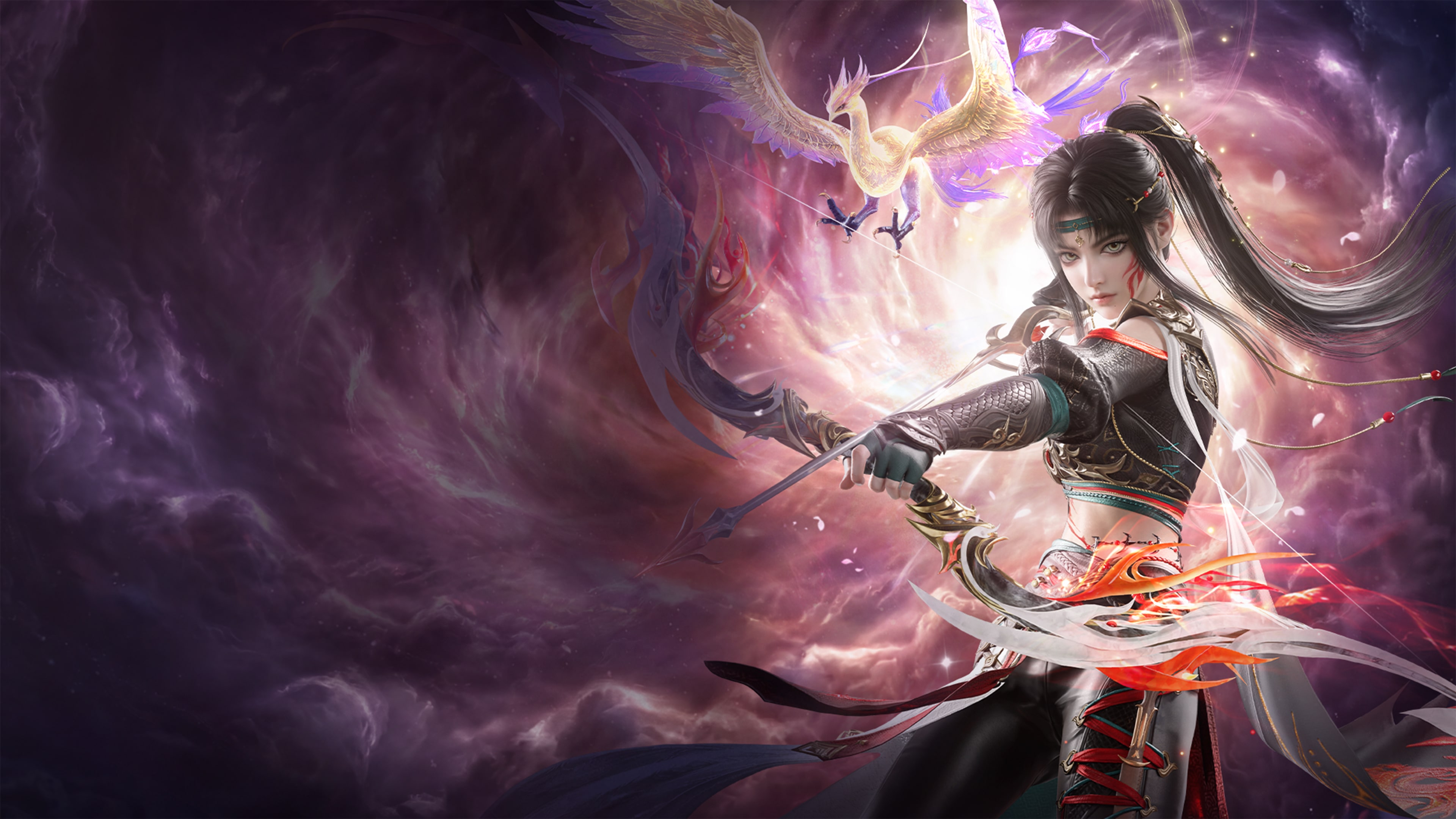 A cinematic view of a warrior from Naraka: Bladepoint equipped with ornate armor and a sharp sword.