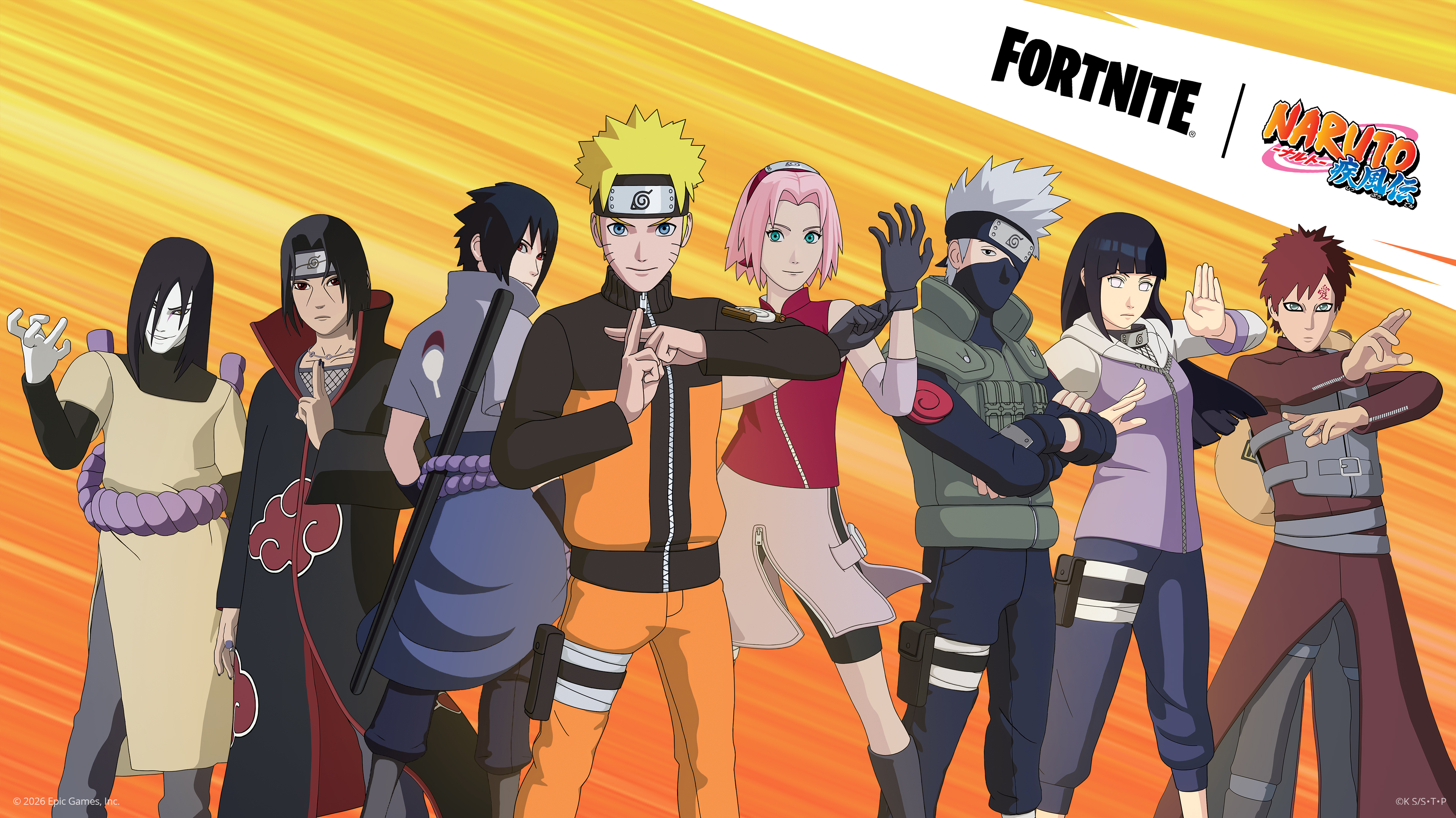 A vibrant game poster featuring Naruto Uzumaki, Sasuke Uchiha, Sakura Haruno, Kakashi Hatake, Itachi Uchiha, and Hinata Hyuga from Naruto in a Fortnite art style.