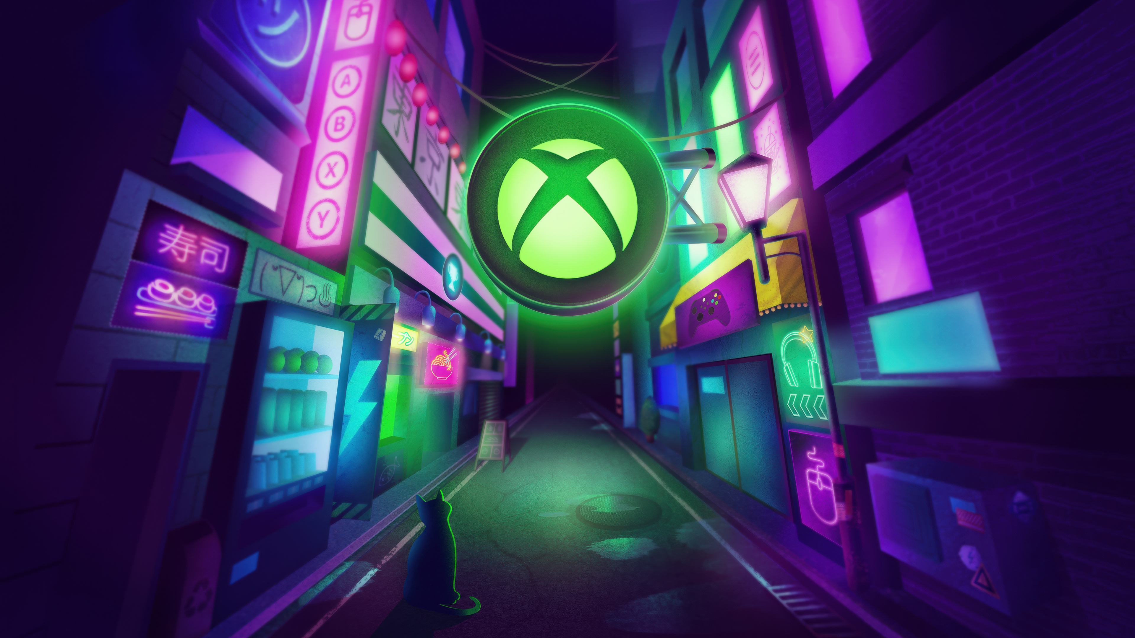 A cat walking through a dark, neon-lit cyberpunk street featuring an Xbox logo.