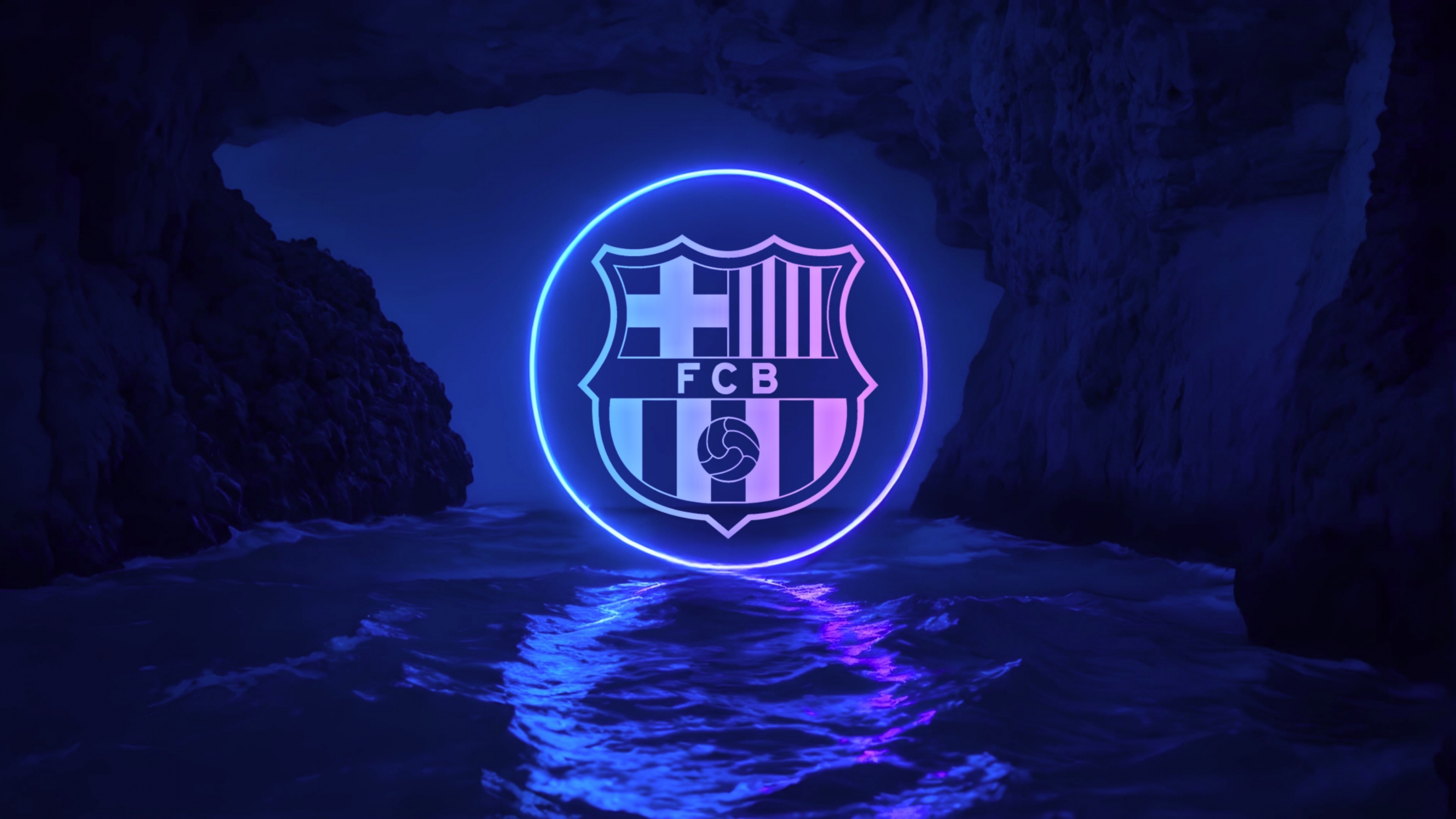 A glowing neon FC Barcelona logo with bright blue and red lights and reflections on a dark surface.