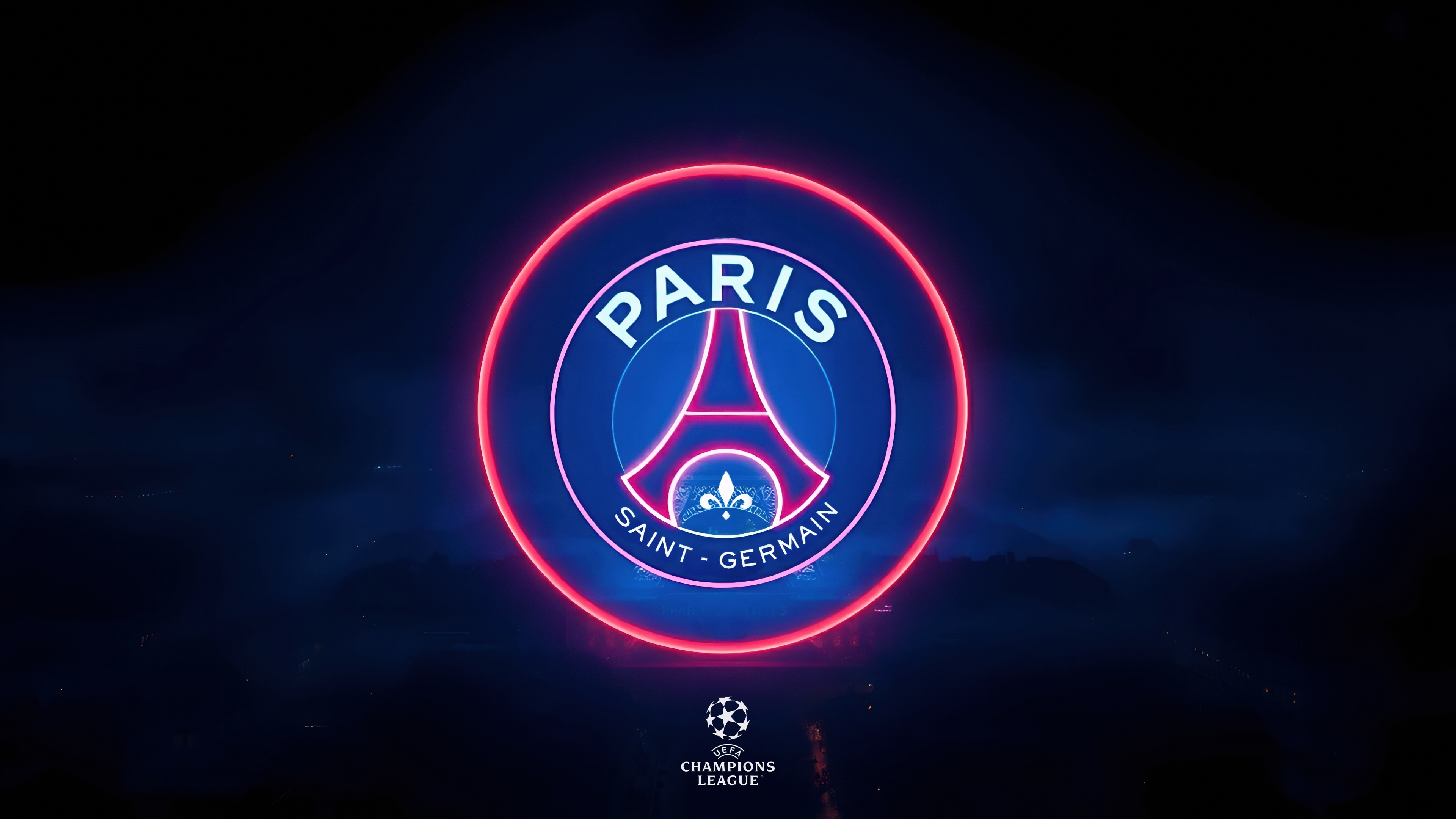 A glowing neon Paris Saint-Germain (PSG) logo on a dark, cinematic background with UEFA Champions League style lighting.
