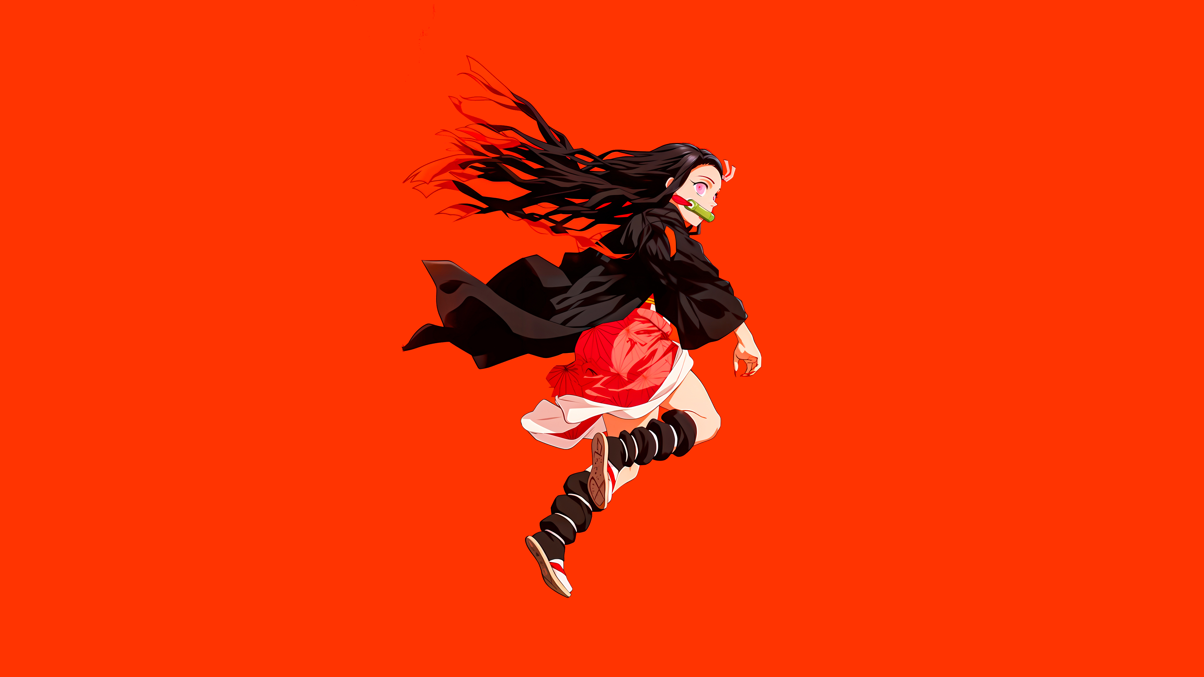 Nezuko Kamado from Demon Slayer: Kimetsu no Yaiba with a warm orange aesthetic background