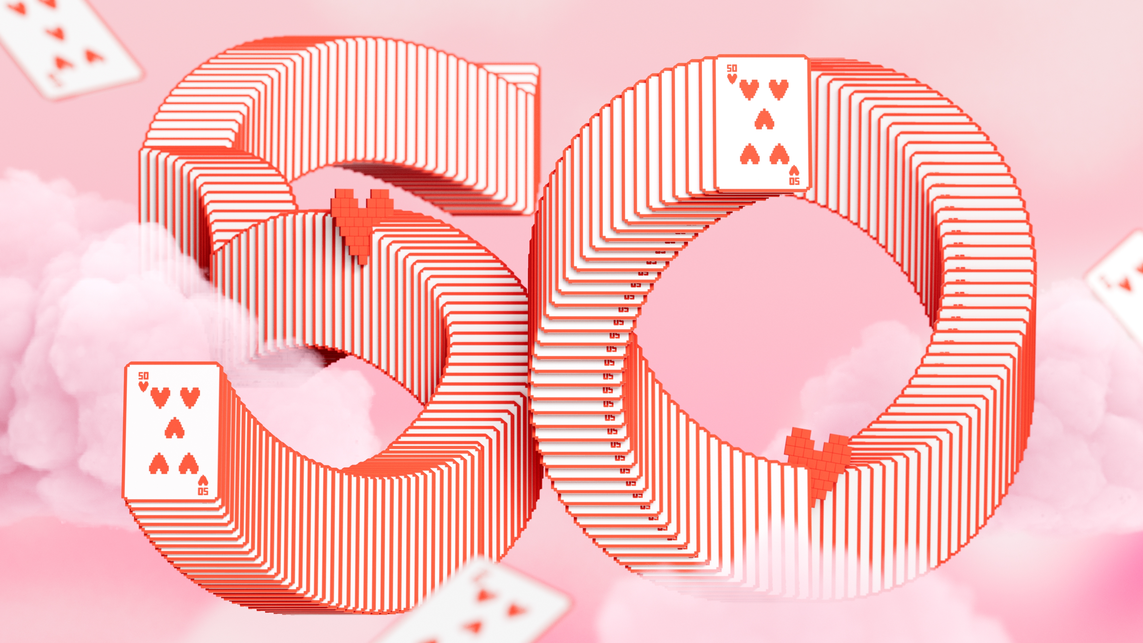 A nostalgic, monochromatic pink aesthetic scene featuring a solitaire card game theme under a pastel pink sky.