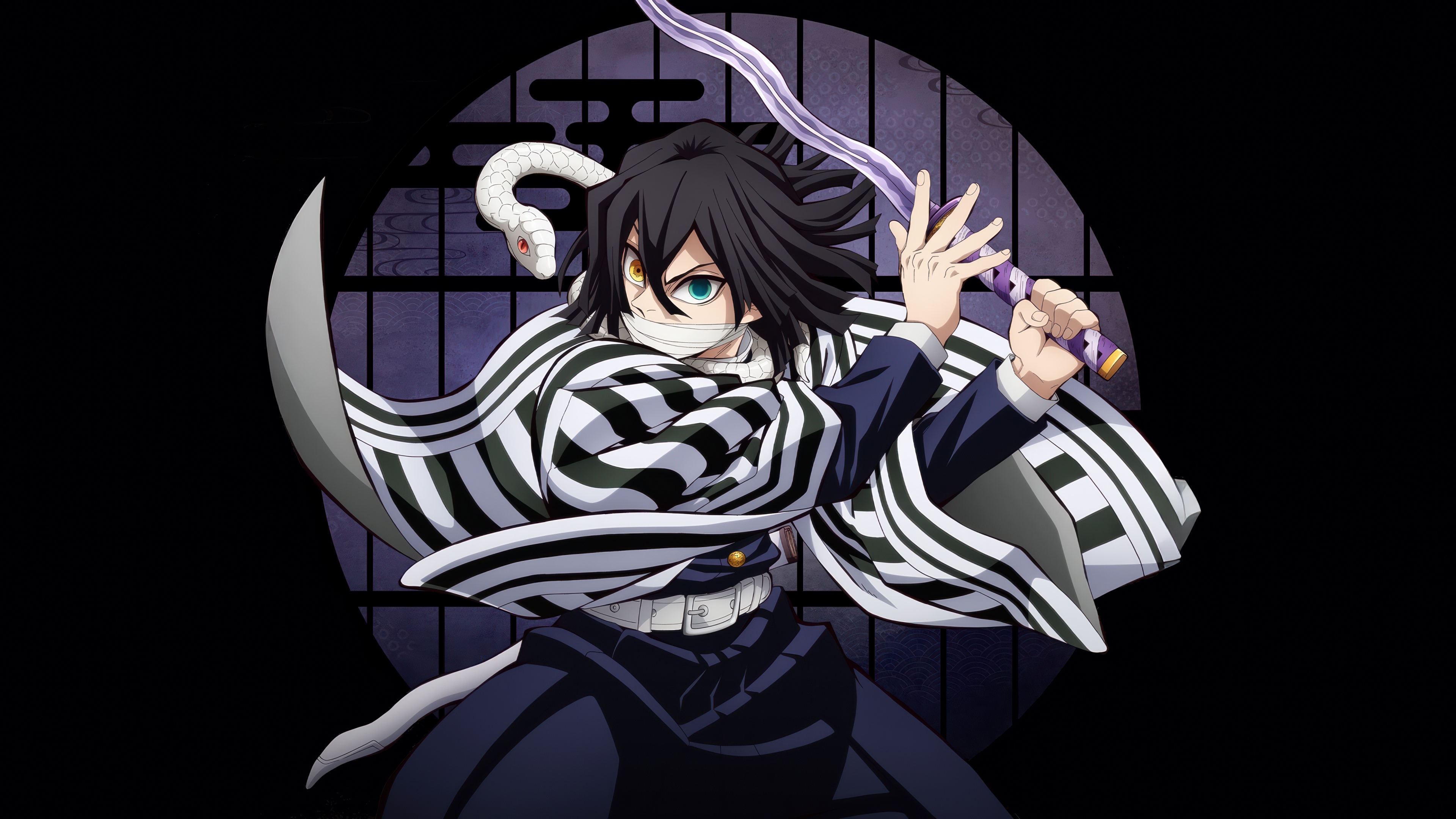 Obanai Iguro from Demon Slayer: Kimetsu no Yaiba against a black background
