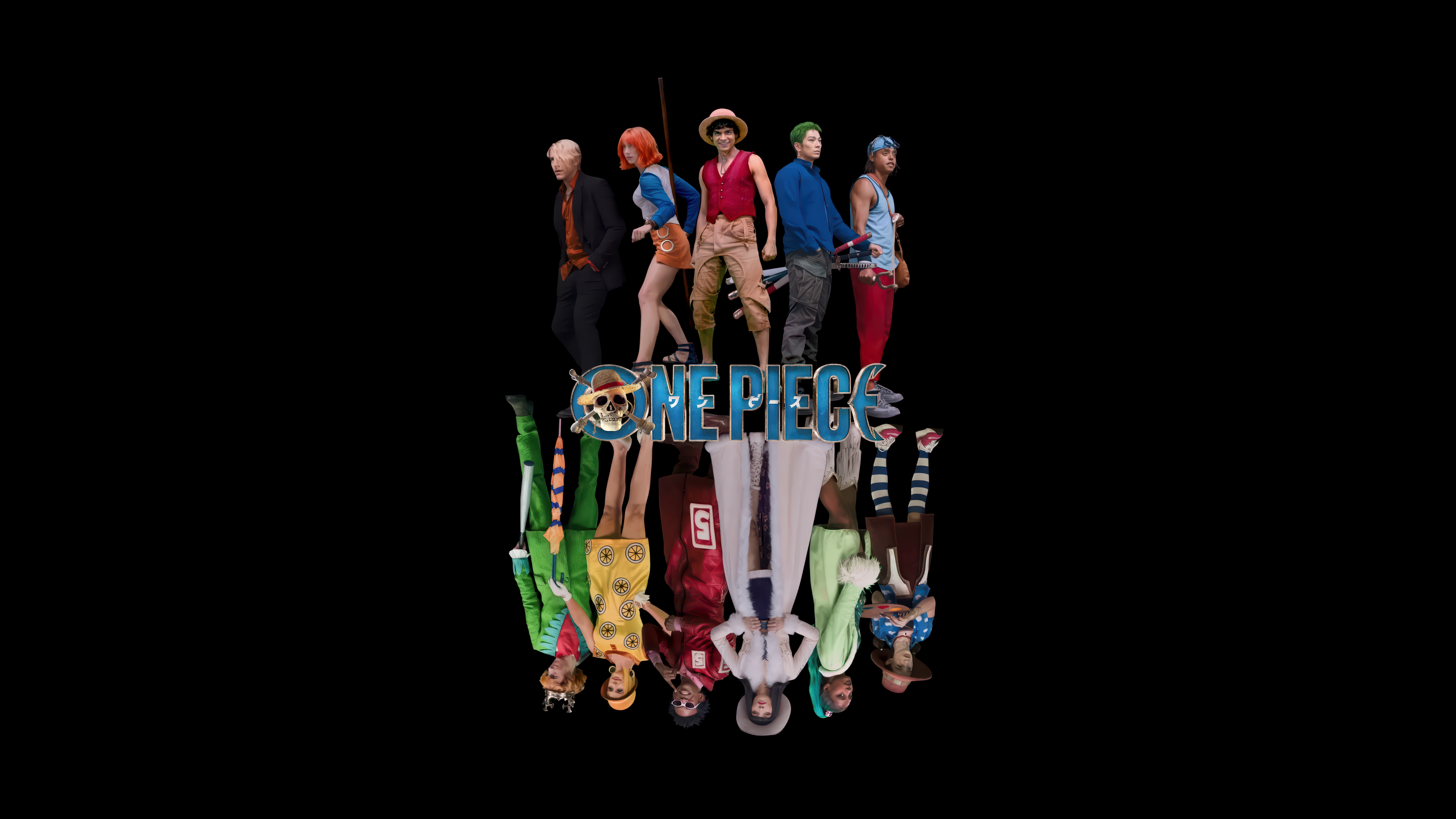 A cinematic group portrait of Monkey D. Luffy, Roronoa Zoro, Nami, Sanji, and Usopp from the One Piece series against a black background.
