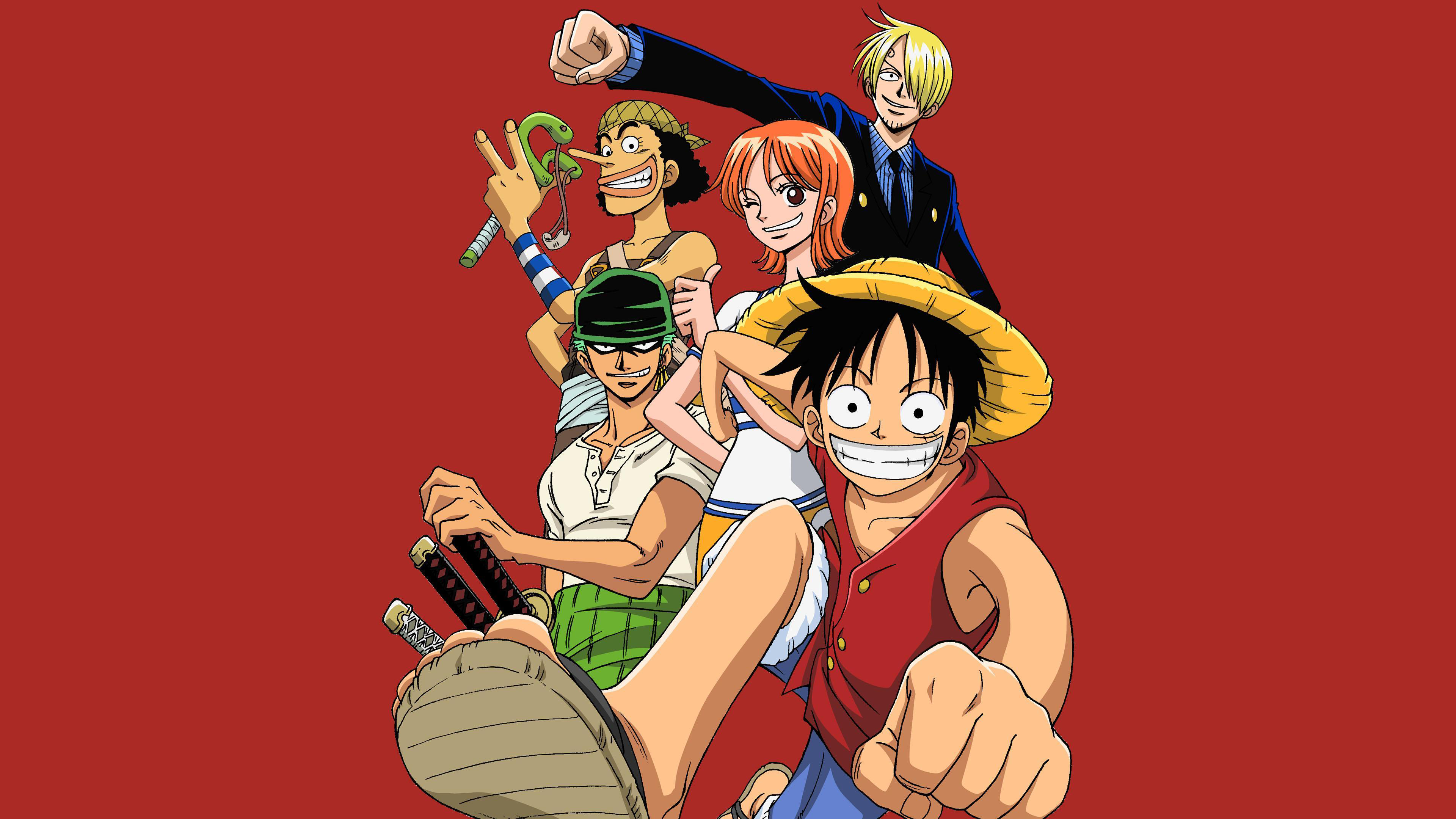 The main characters of the One Piece anime series, including Monkey D. Luffy, Roronoa Zoro, Nami, Sanji, and Usopp, set against a striking red background.