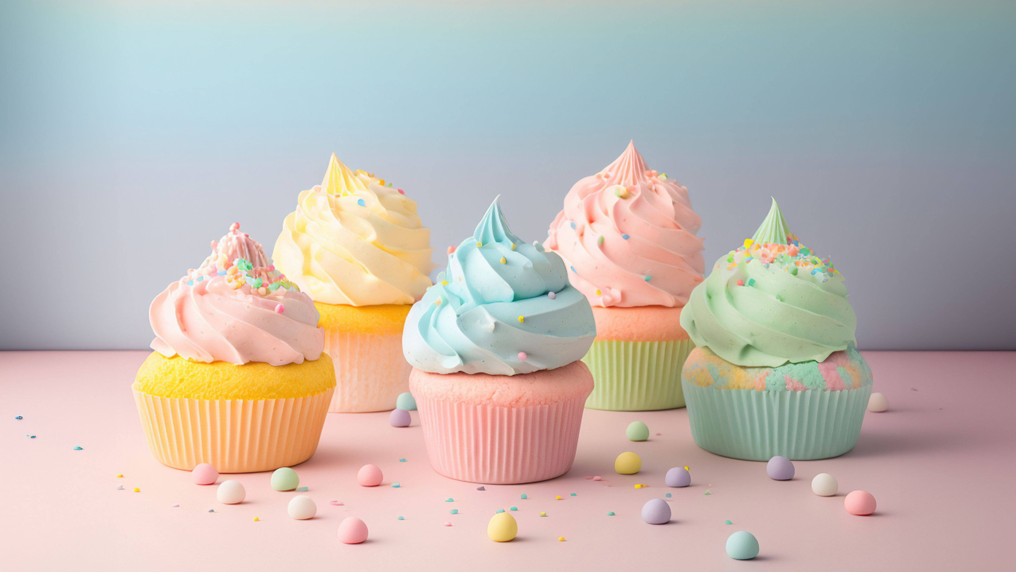 Colorful scoops of ice cream in pastel shades arranged aesthetically against a soft pastel backdrop.