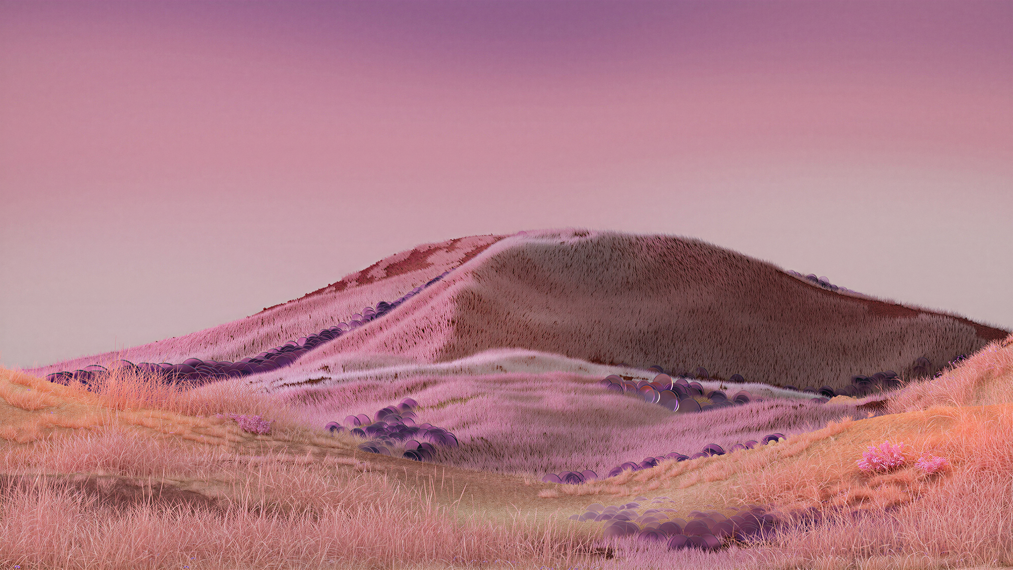 A surreal digital illustration of rolling hills in a soft pink aesthetic under a dreamy gradient sky.