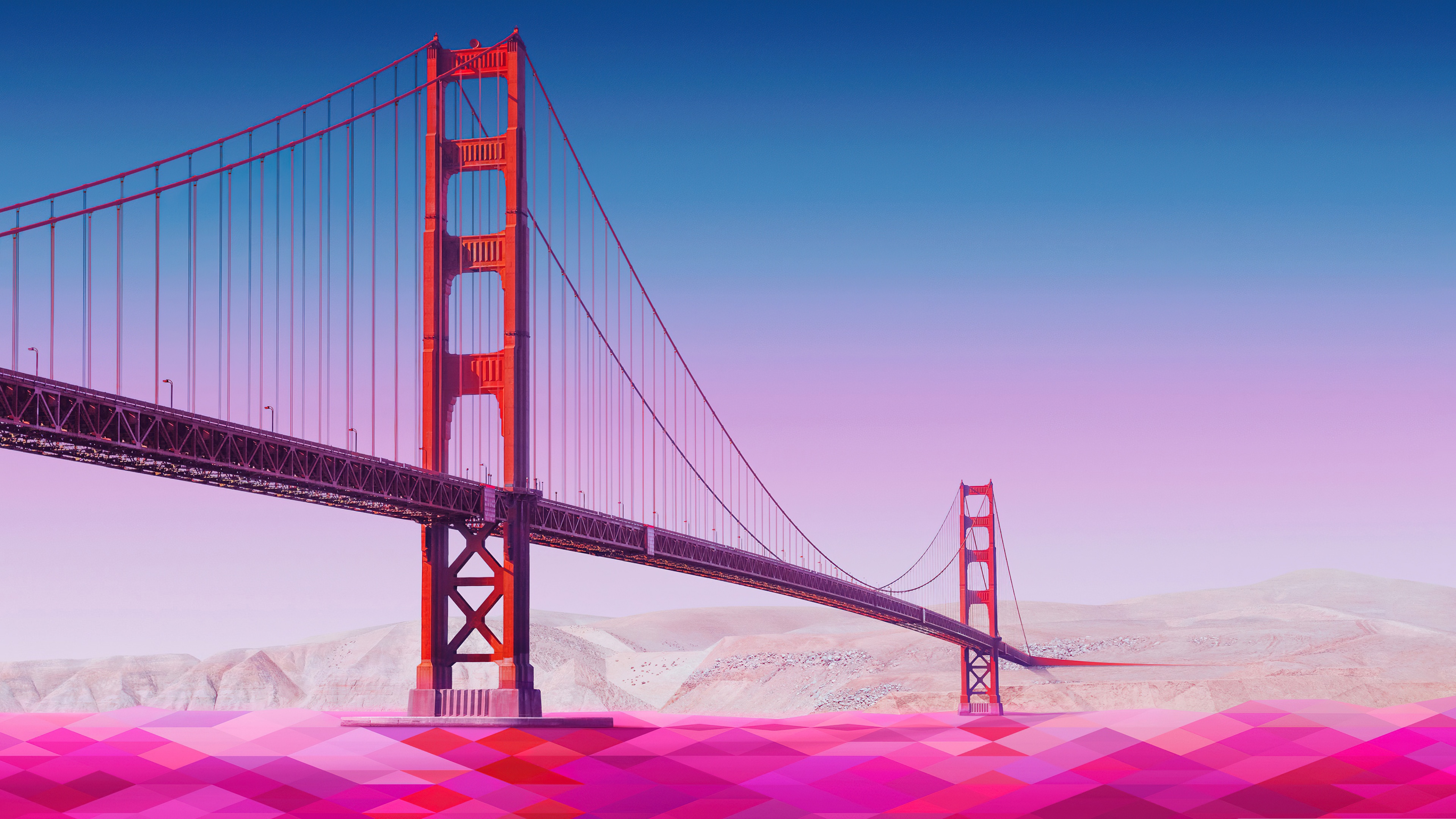 Low poly vector art of the Golden Gate Bridge with a pink aesthetic and geometric shapes.