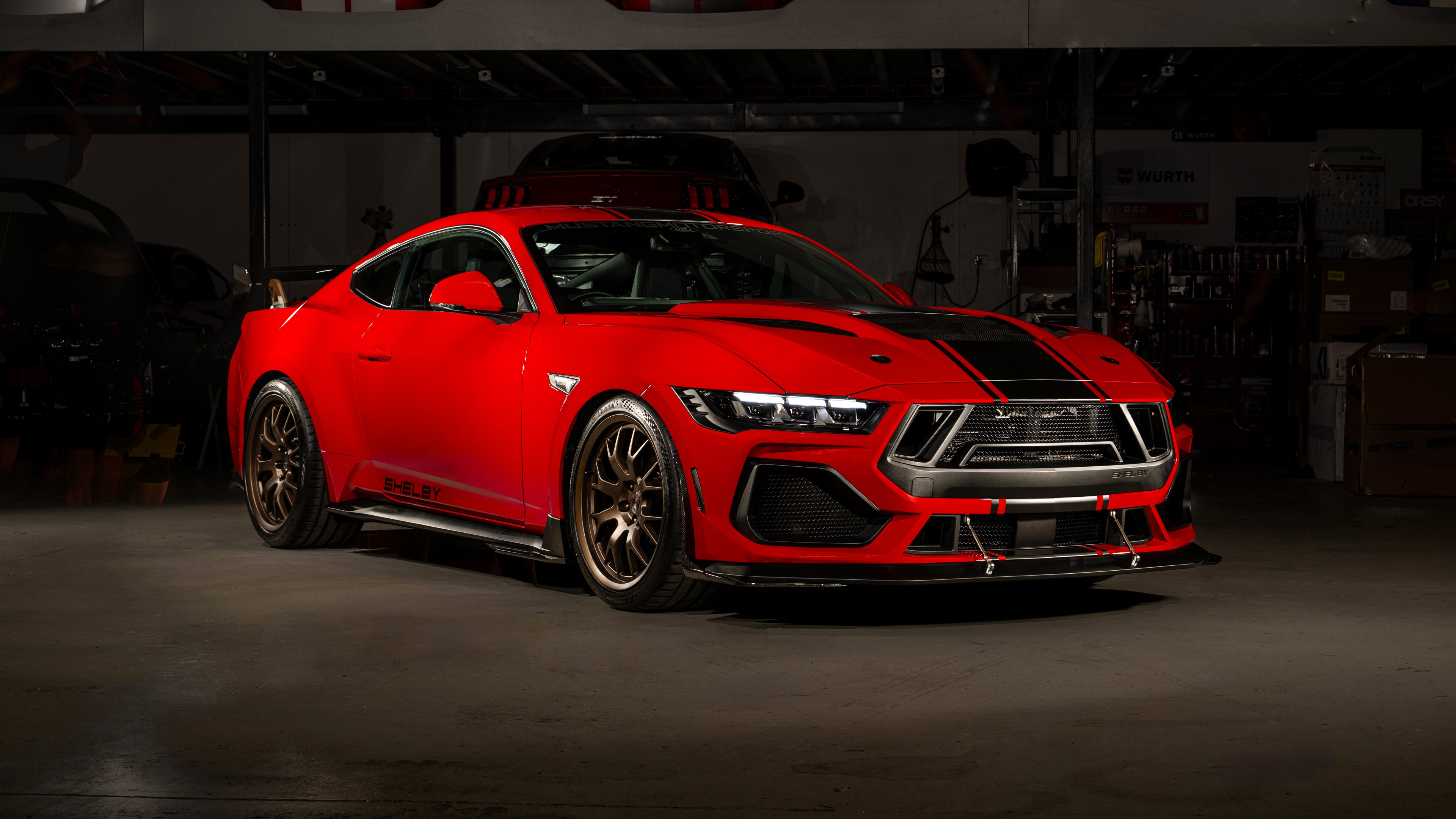 A high-detail, cinematic shot of a red Shelby Super Snake Ford Mustang.