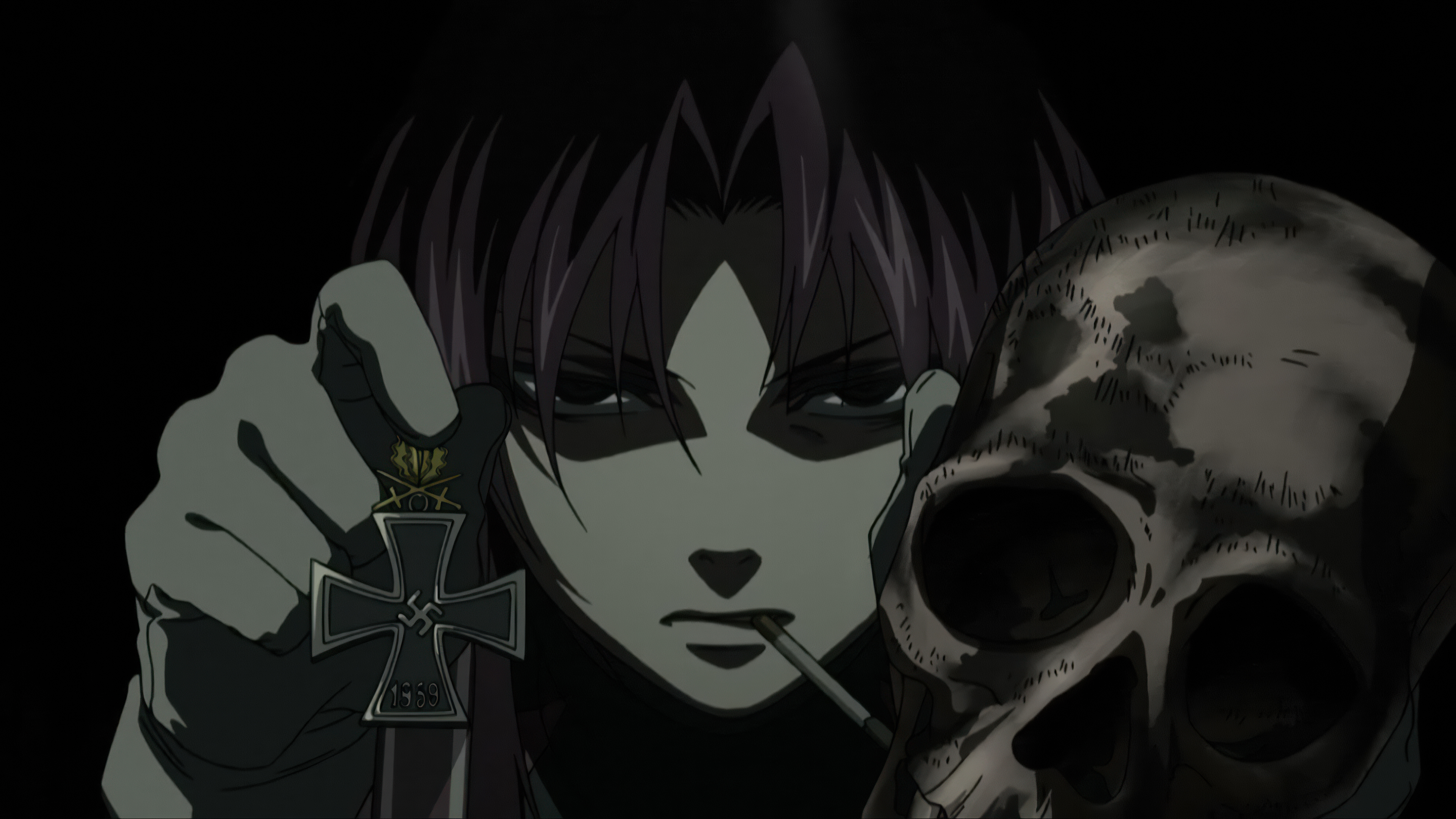 A dark aesthetic portrait of Revy from Black Lagoon featuring a skull against a black background.