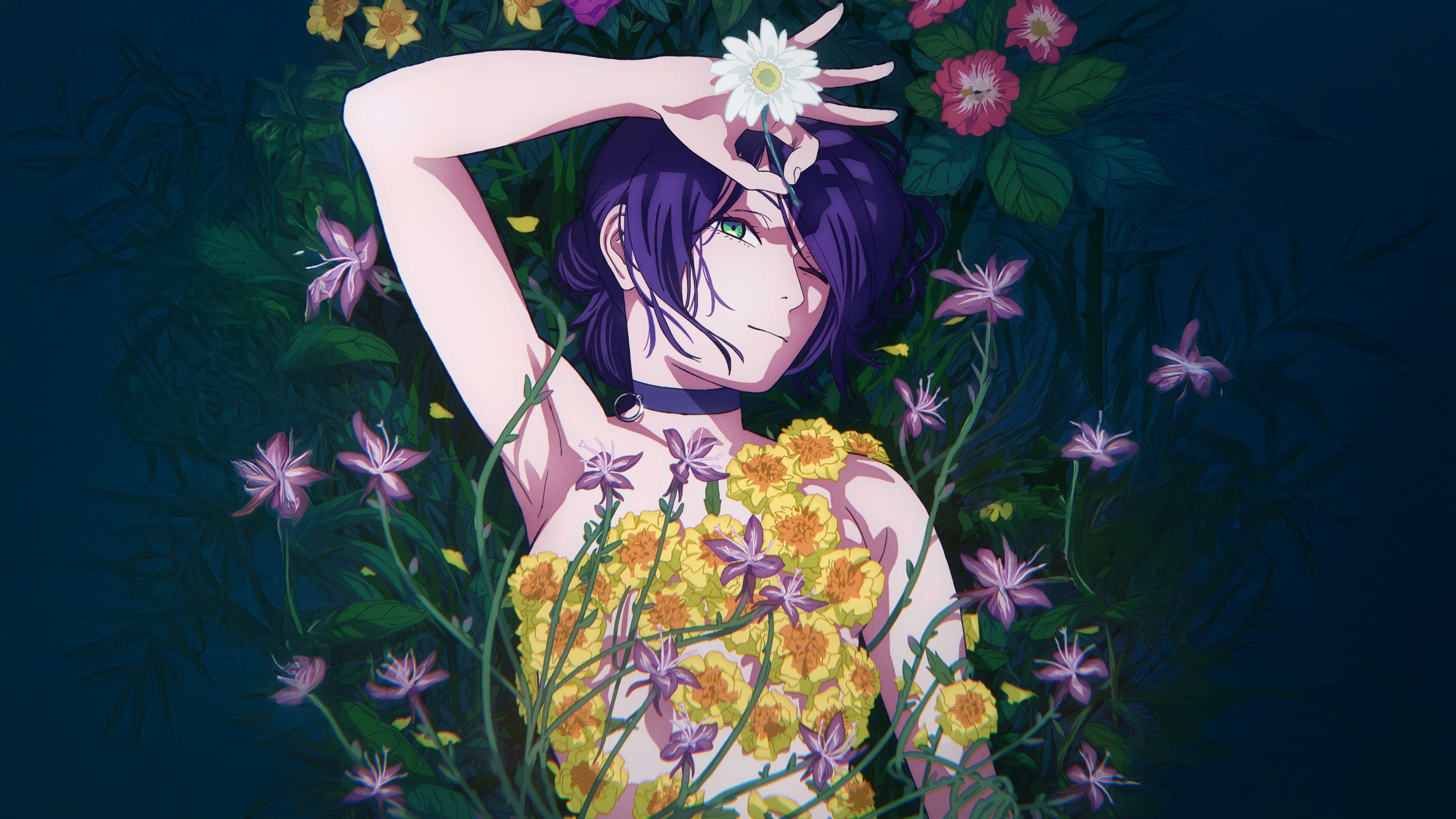 Reze from Chainsaw Man with purple hair and a beautiful floral background