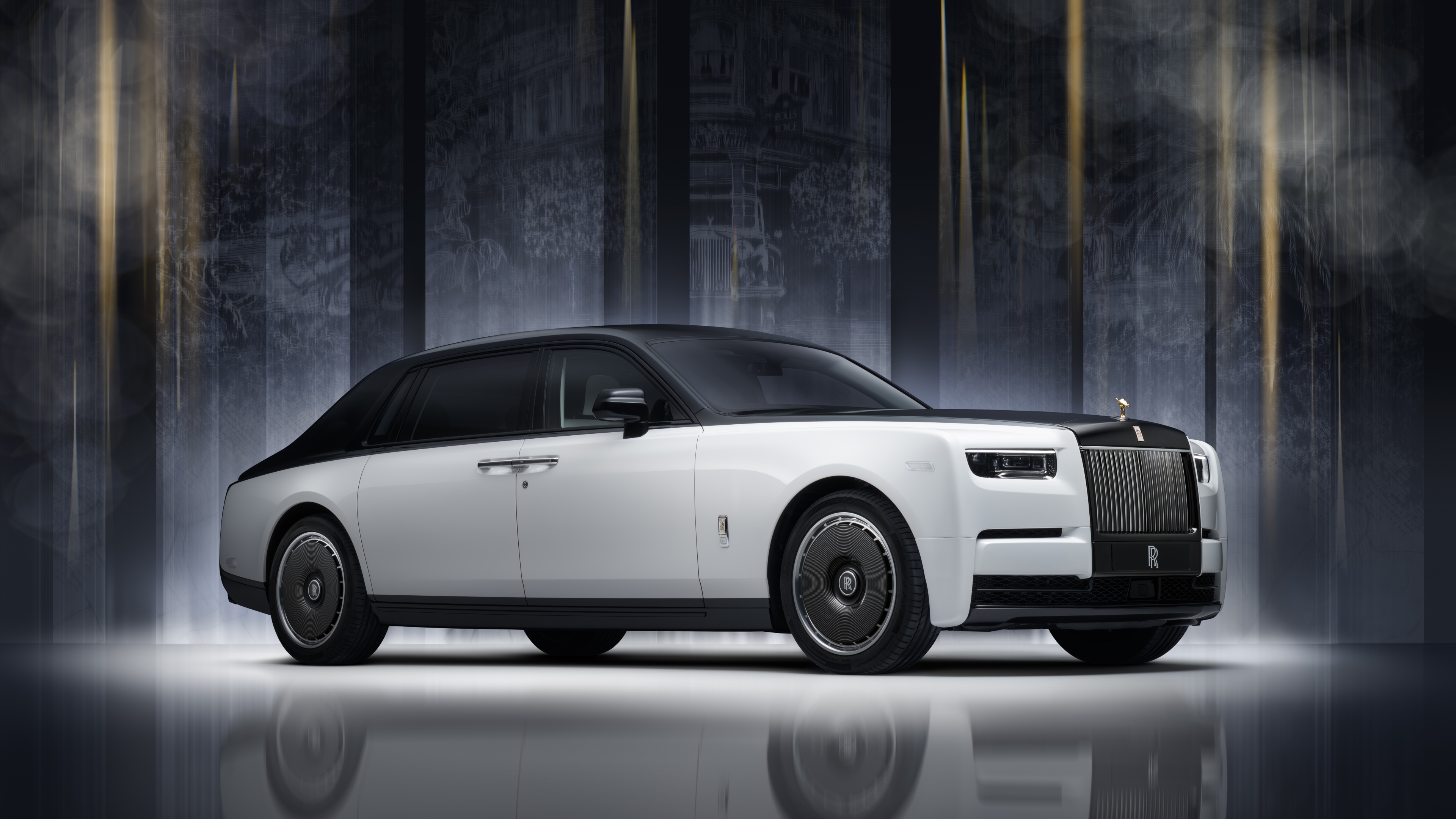 A highly detailed, high-resolution close-up of a luxurious Rolls-Royce Phantom Centenary edition, highlighting its premium finish and prestigious design.