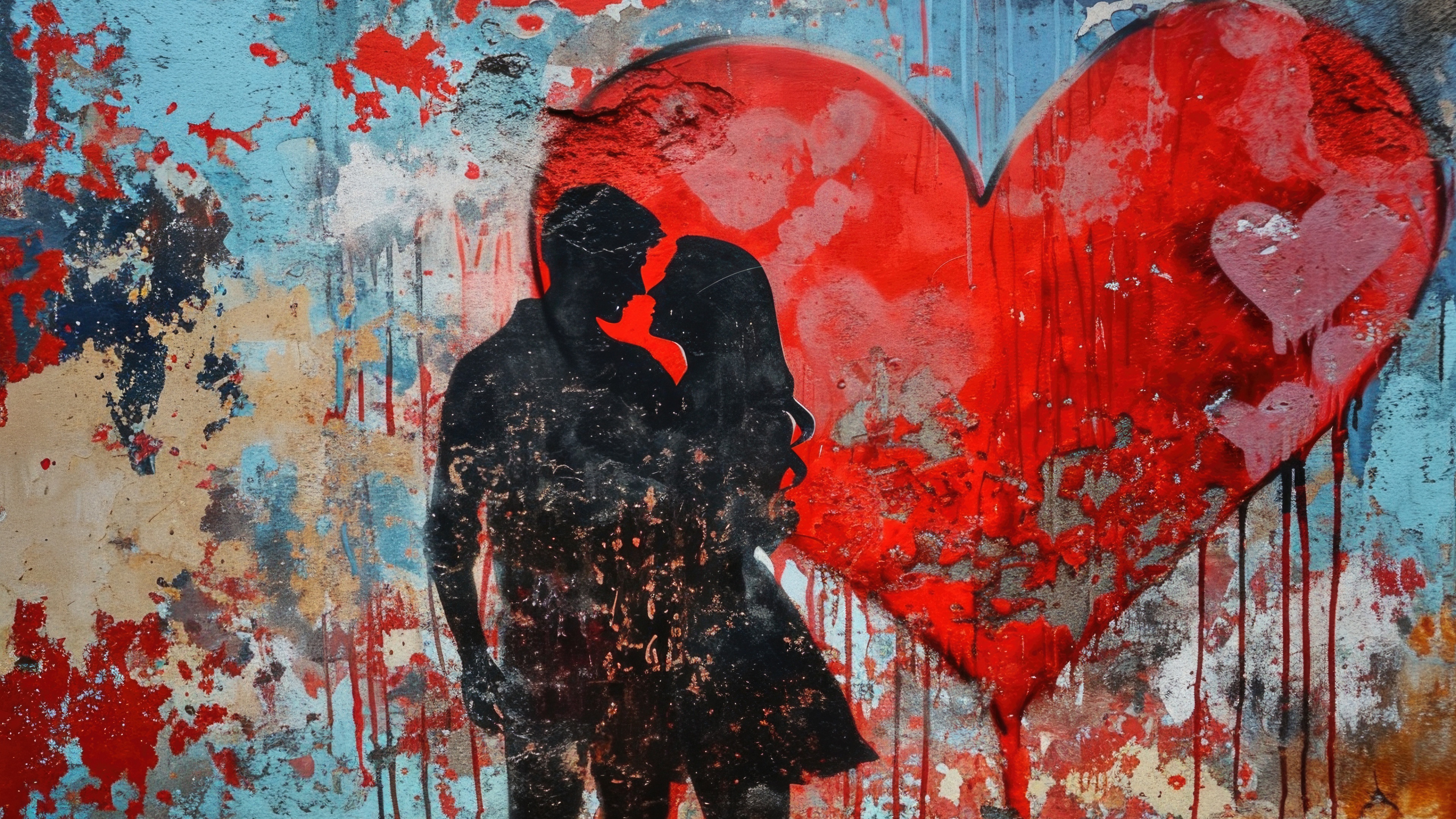 A romantic illustration of a couple surrounded by large red hearts on a wall background.