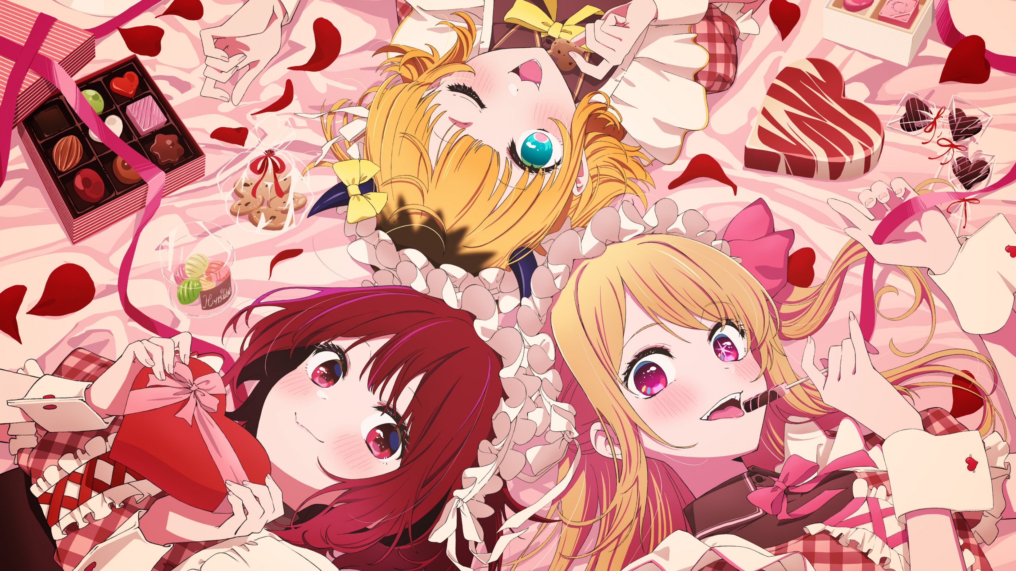 Ruby Hoshino, Mem-Cho, and Kana Arima from Oshi no Ko in their idol outfits