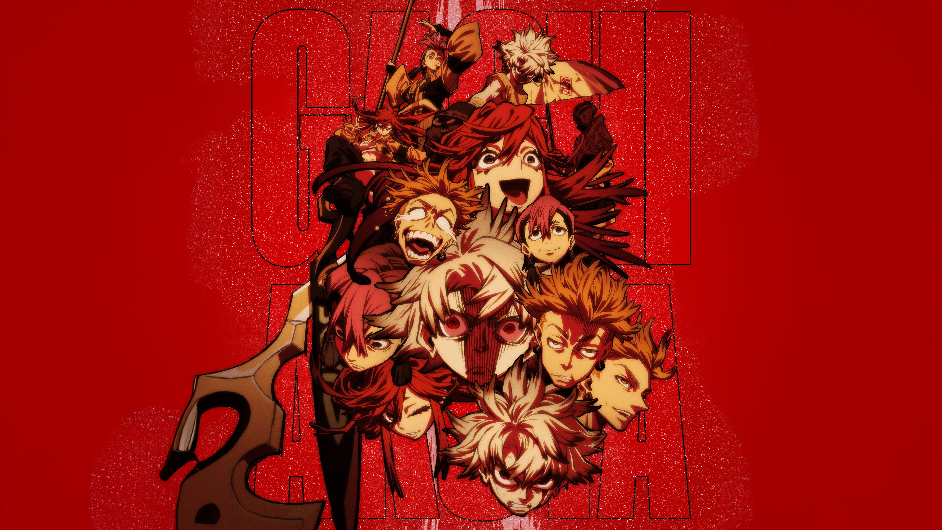 Anime poster of Rudo Surebrec from Gachiakuta featuring a dramatic red background.